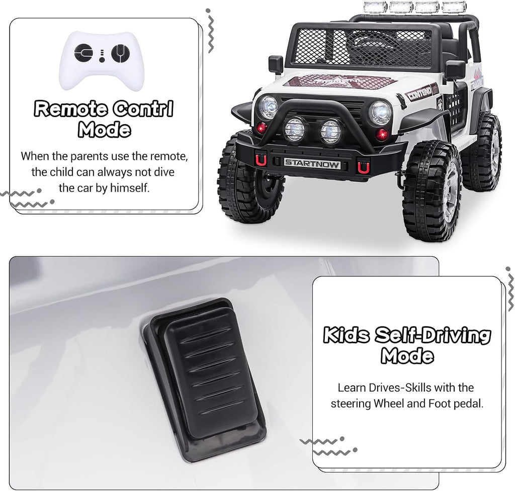 SEHOMY Two Seater Ride on Cars for Kids, 12V Power Wheels Truck with Remote Control, 3 Speed, Spring Suspension, 110LBS Max, Music, Horn, White Kids' Electric Vehicles Toddlers Toy Car for Boys Girls