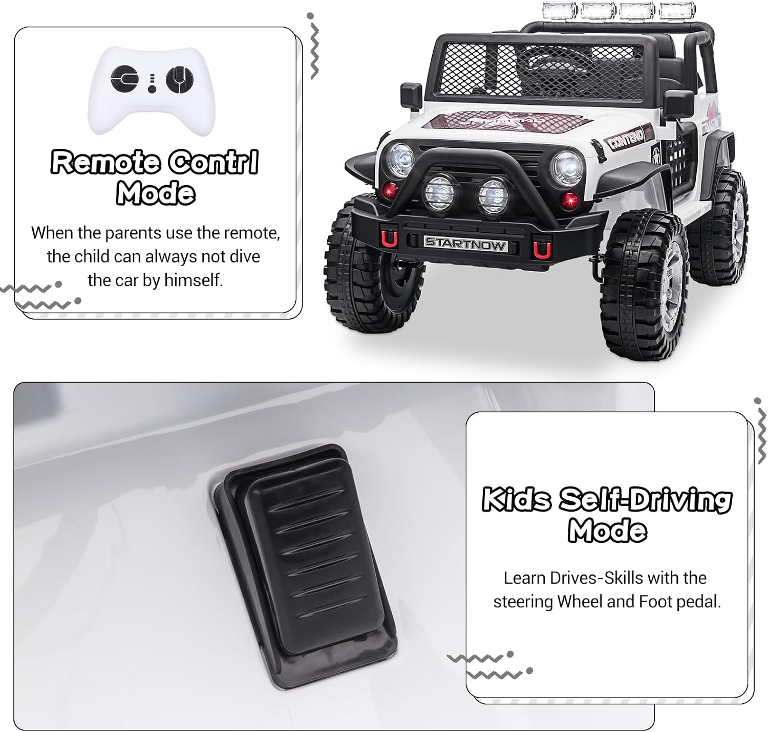 SEHOMY Two Seater Ride on Cars for Kids, 12V Power Wheels Truck with Remote Control, 3 Speed, Spring Suspension, 110LBS Max, Music, Horn, White Kids' Electric Vehicles Toddlers Toy Car for Boys Girls