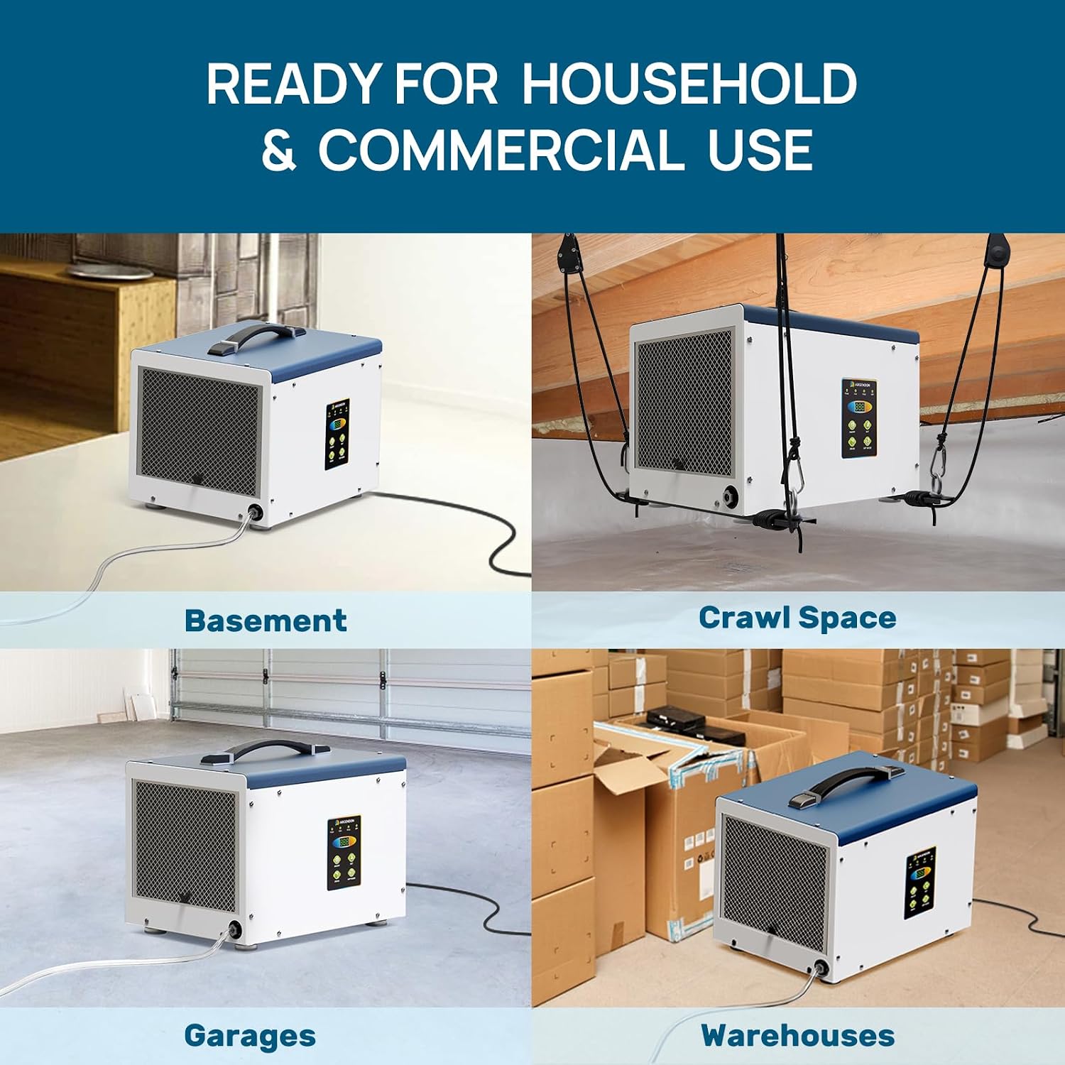 ARGENDON Crawl Space Dehumidifier with Pump, 70 Pint Commercial Dehumidifier for Basement, Whole House, Drain Hose, Auto Defrost, Memory Starting, Compact, 5 Years Limited Warranty