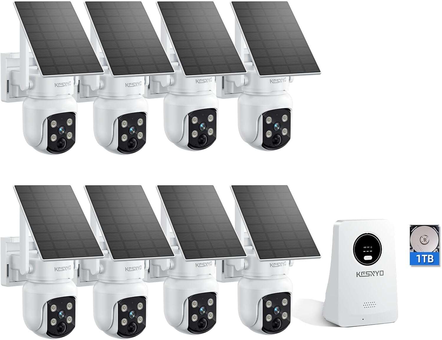 Solar Security Cameras Wireless Outdoor, 4MP Solar Powered, 8 Cam kit, Color Night Vision, 360° PTZ, 1TB HDD Local Recording, No Monthly Fees