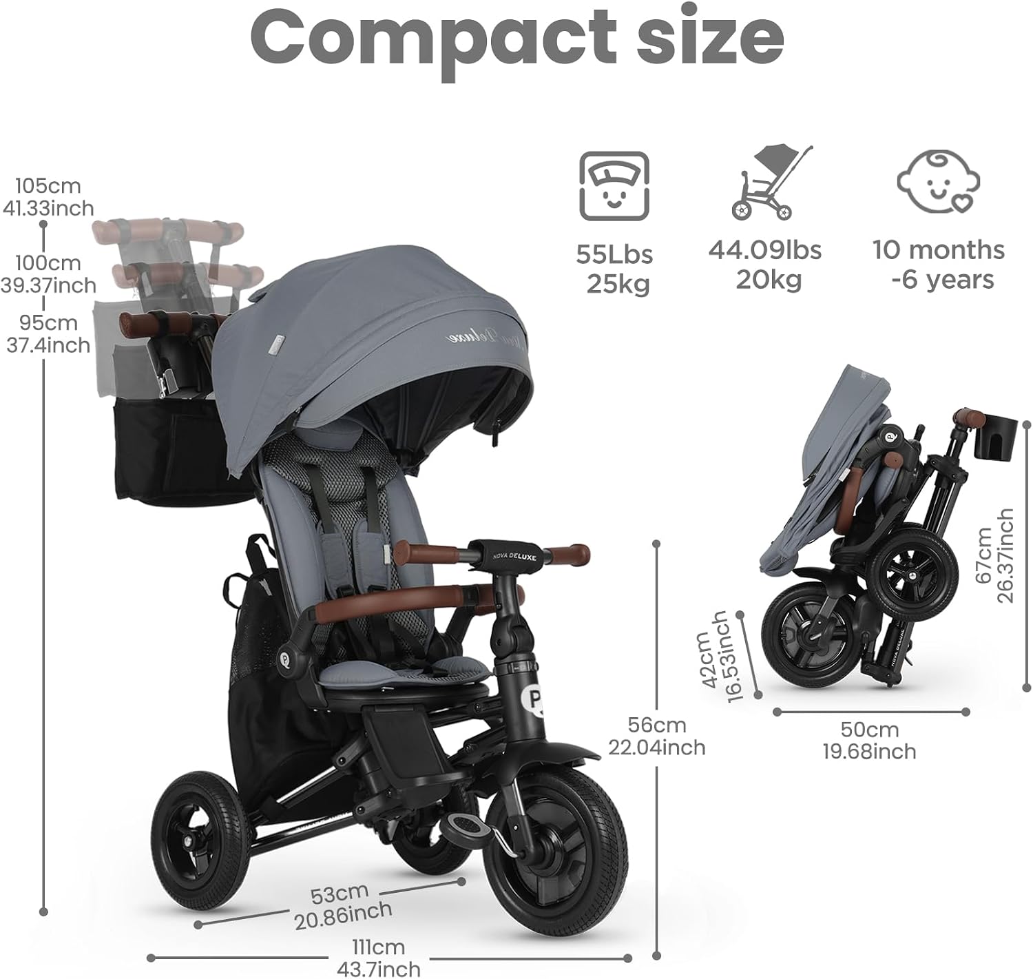 QPlay Baby Bike Stroller for Age 10 Months to 6 Years Old,8 in 1 Folding Toddler Bike Stroller with Removable Canopy & Guardrail Rotatable Seat -Tricycle for Toddlers Age 3-5 Boys & Girls Gift Trike