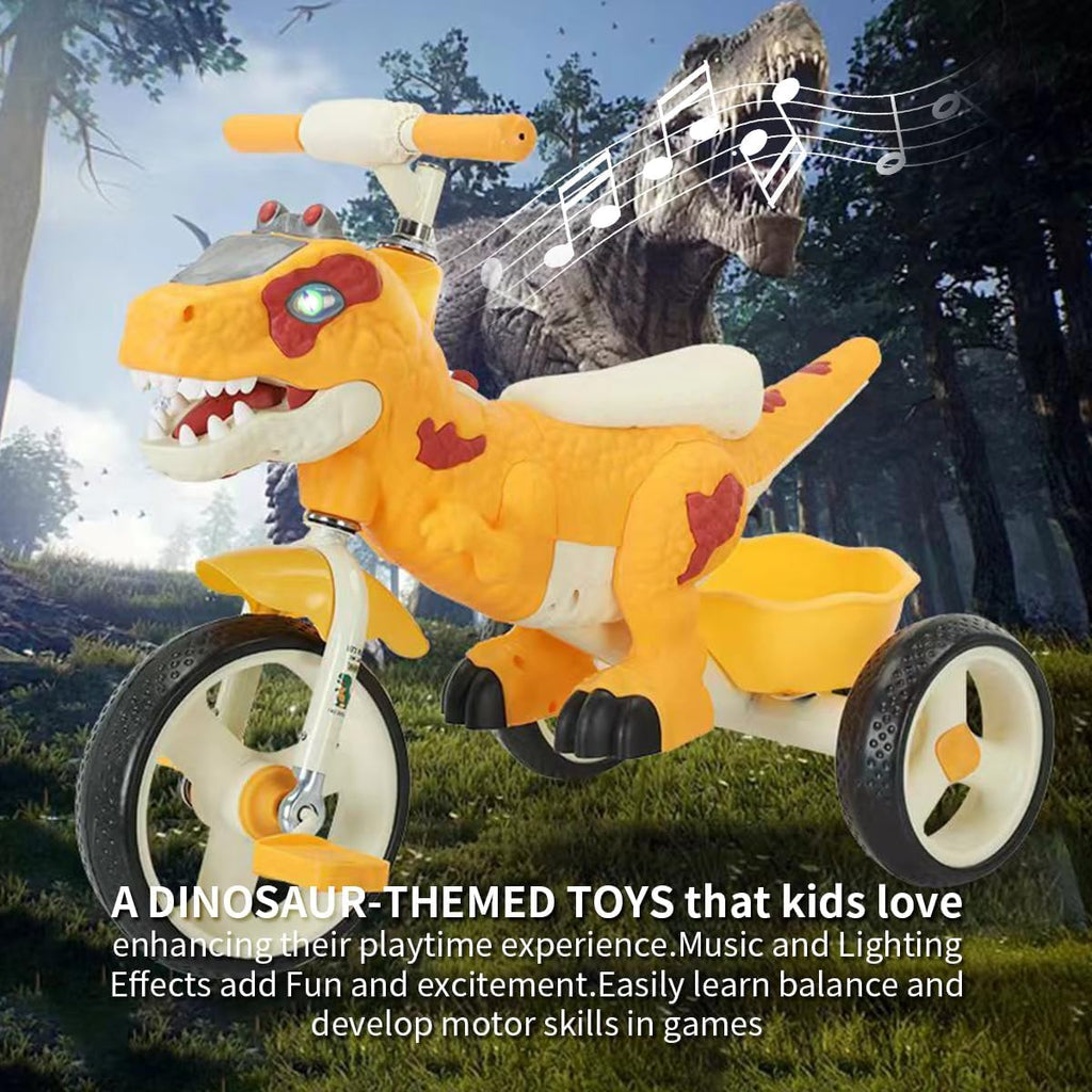 Dinosaur Kids Tricycle for Rider- Toddlers Kid Trike Bike Big Wheel with Music, Storage Basket,Indoor/Outdoor Preschool Daycare Kids Bike,Best Gift for 3-7 Year Old Girls & Boys (Orange)