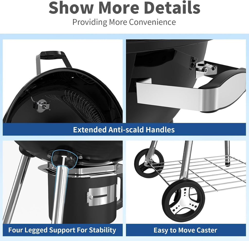 22.5-Inch Portable Charcoal Grill, Heavy Duty Kettle BBQ Smoker with Built-in Thermometer & Removable Water-Rinsable Ash Catcher for Outdoor Camping, Patio, Backyard, and Tailgating