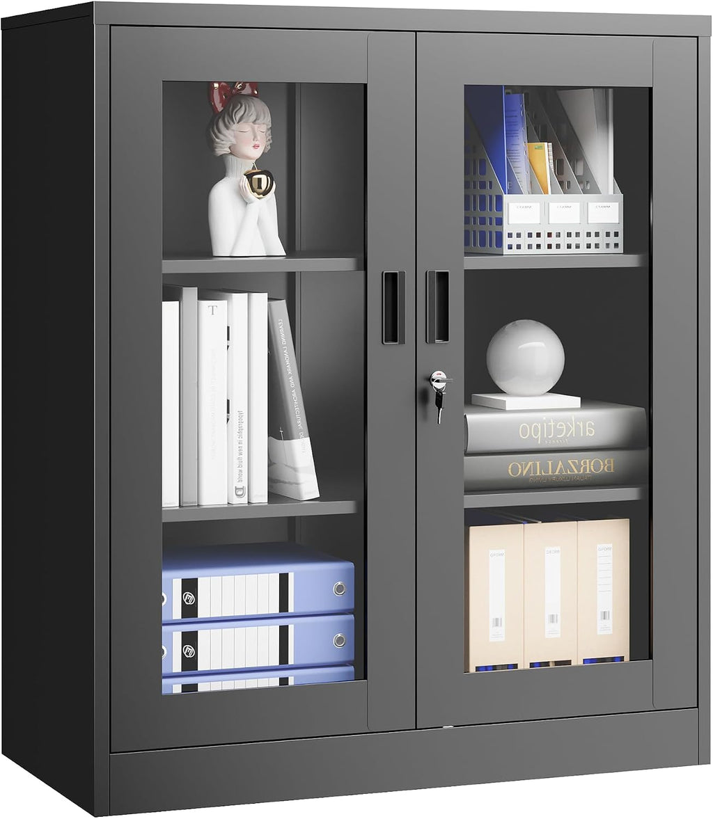 PEUKC Display Cabinet with Acrylic Doors, 35.4 Inches Metal Curio Storage Cabinet with 2 Adjustable Shelves, Locking Display Case for Home, Office, Clinic, Pantry, Assemble Required (Black)