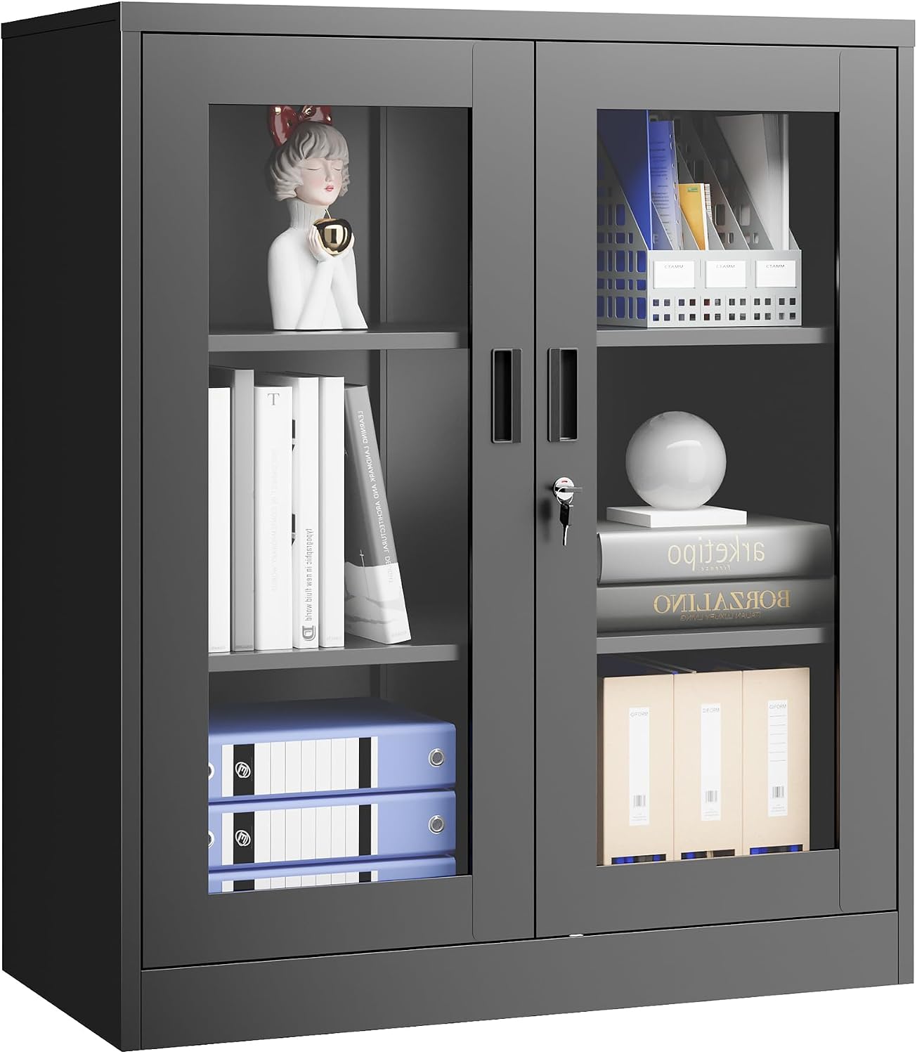 PEUKC Display Cabinet with Acrylic Doors, 35.4 Inches Metal Curio Storage Cabinet with 2 Adjustable Shelves, Locking Display Case for Home, Office, Clinic, Pantry, Assemble Required (Black)