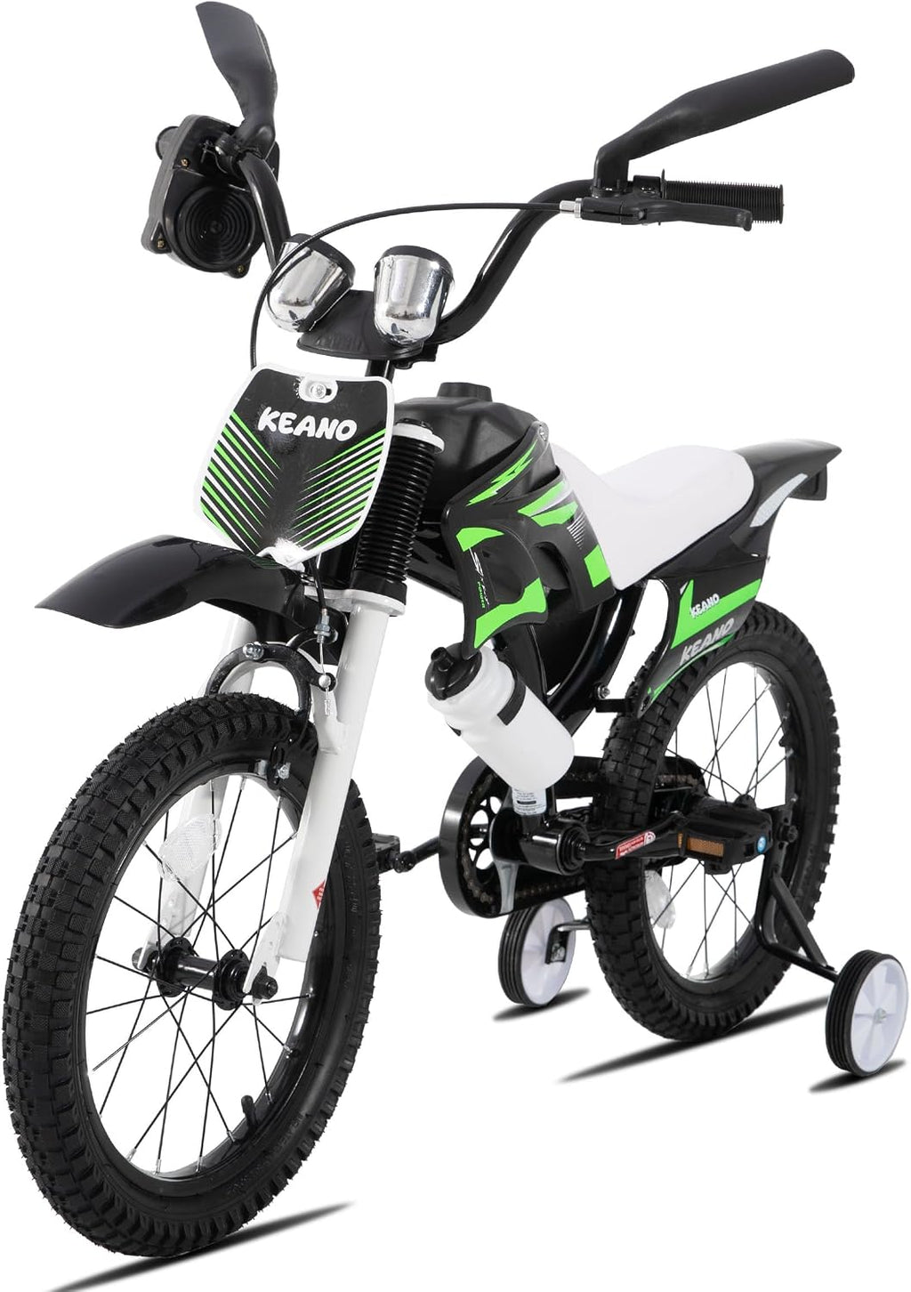 KEANO Motocross Style Kids Bike for Boys Girls Ages 3-7 Years, 12 & 16 Inch Bikes with Training Wheels and Number Plate, Children Bicycles Black