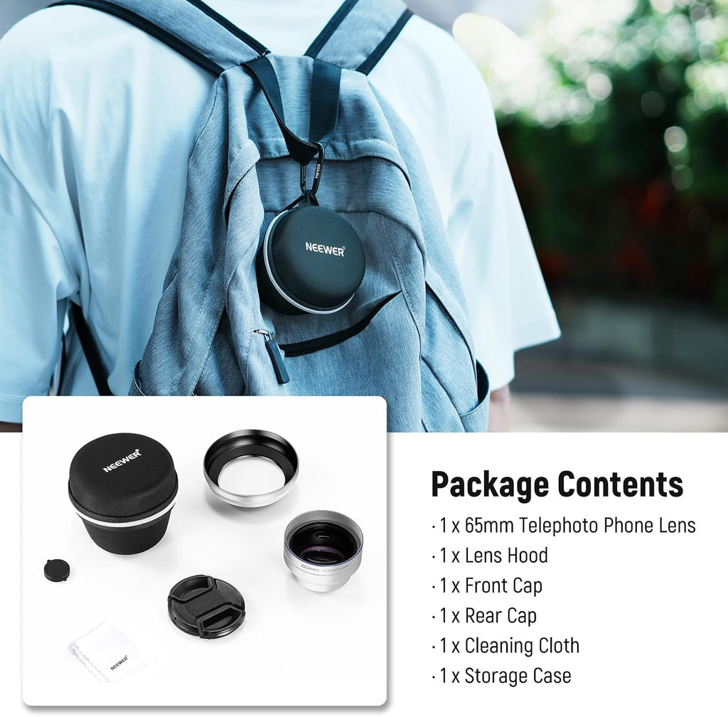 NEEWER 65mm HD Telephoto Phone Camera Lens with Hood (Silver), 1.7X Zoom Lens Attachment for 17mm Thread Backplate, Phone Cage & Case Compatible with iPhone Android, LS-66