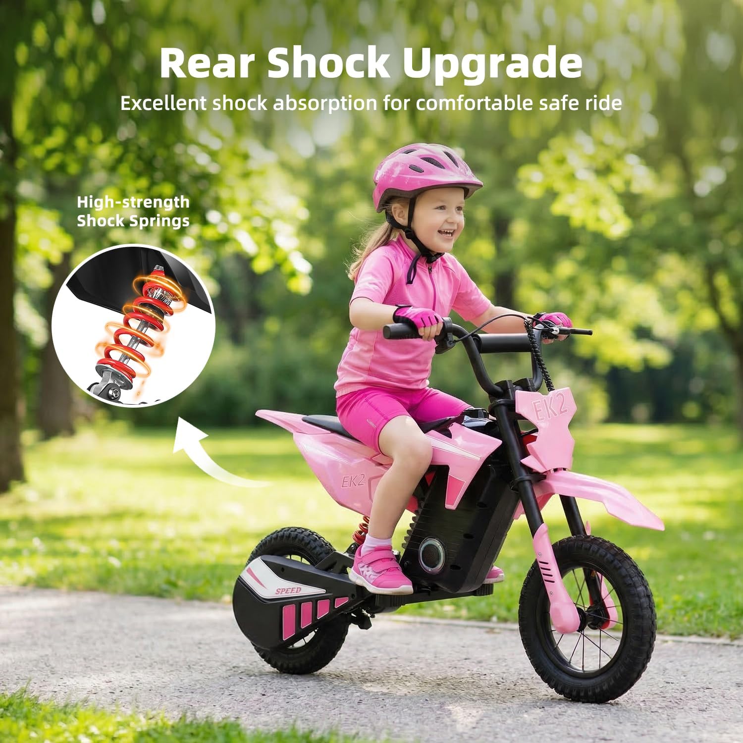 EK2 Kids Electric Dirt Bike, 350W Motor, 15 MPH Max Speed, 36V 5.2Ah Lithium Battery 12 Miles Max Range, Electric Motorcycle for Kids Aged 5-10, Pink