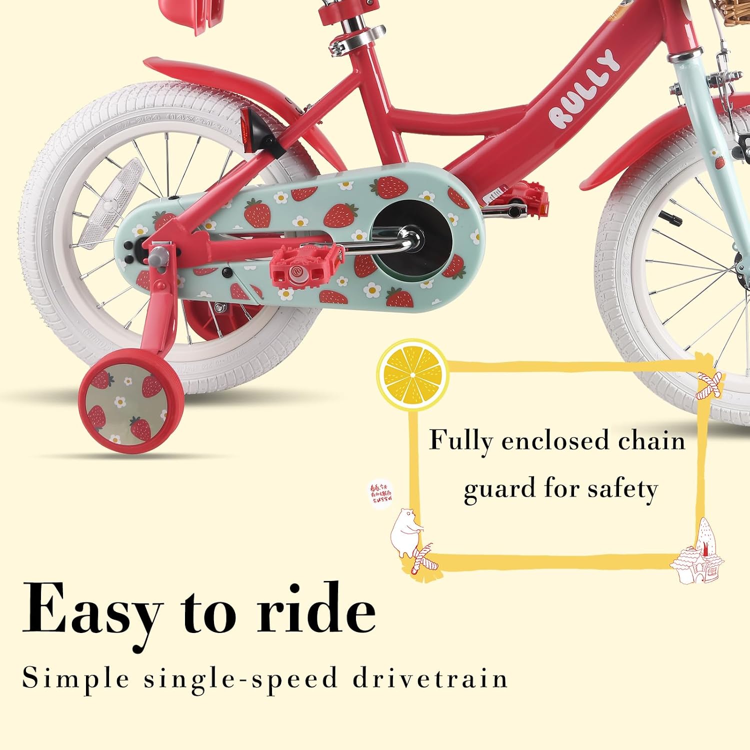 RULLY Fruit Kids Bike 12 14 16 Inch Bicycle for Girls Ages 2-7 Years, Training Wheels Included, Girl Bikes with Basket & Doll Seat | 12, 14, 16, Inch, Bicycle