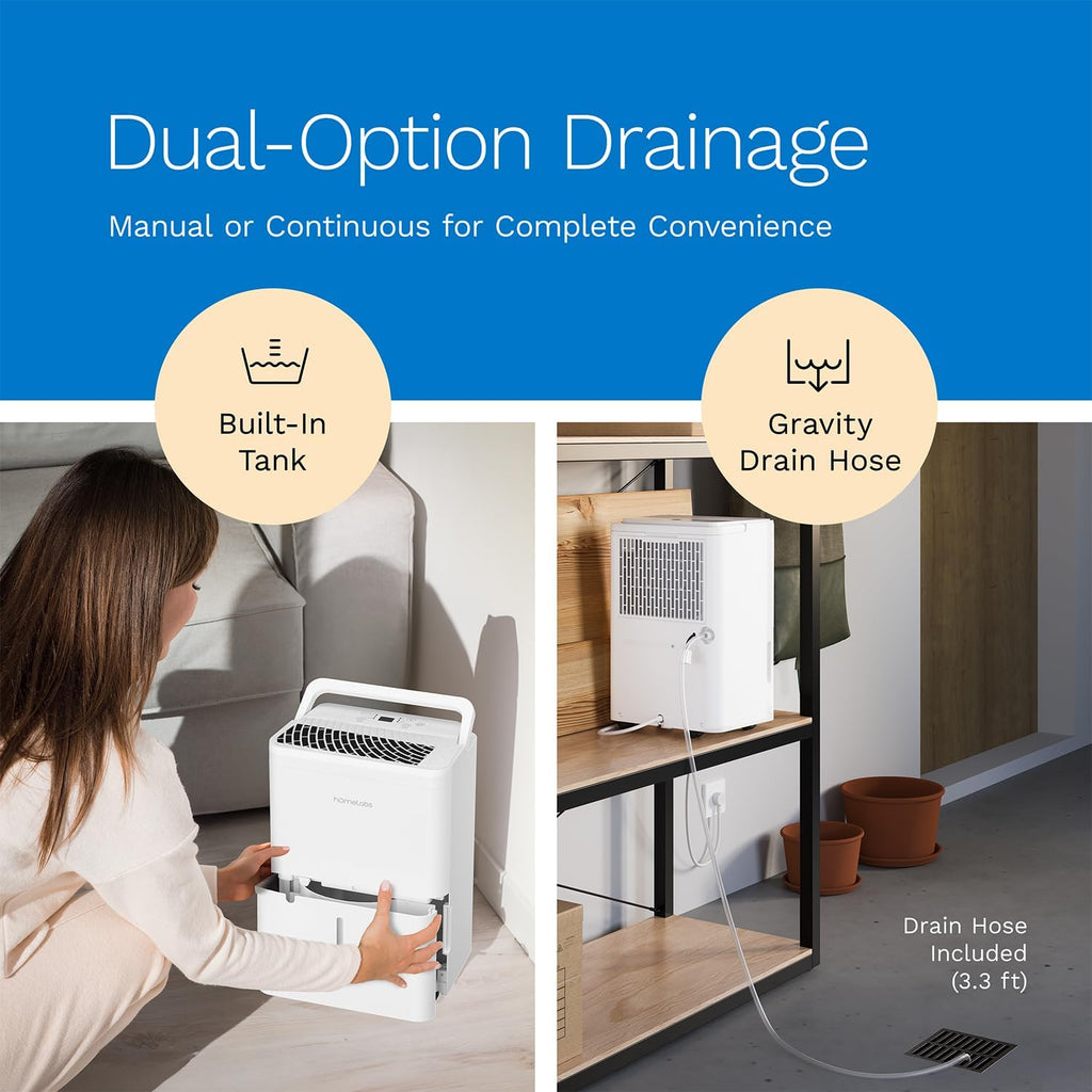 hOmeLabs Dehumidifier 1,800 Sq Ft Wi-Fi (8 Pint MAX 24 Pint at 95°F, 90% RH) for Advanced Humidity & Moisture Control, Quiet, Efficient, Auto Shut-off, Ideal for Home, Basement, Office