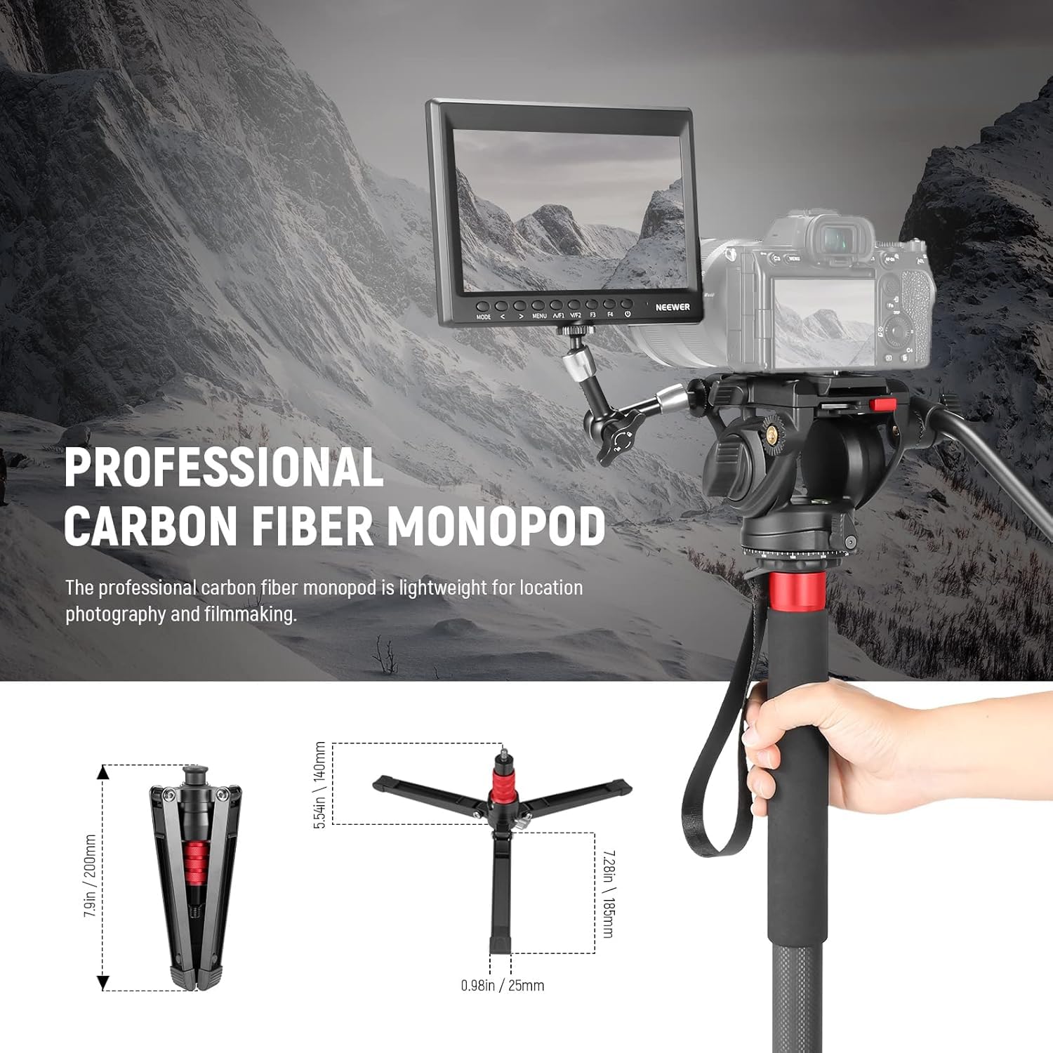 NEEWER 71.6' Pro Camera Monopod with Feet, Carbon Fiber Telescopic Video Monopod with QR Plate Compatible with DJI RS Gimbals, Removable Base for Camera Camcorder, Max Load 13.2lb/6Kg, TP71