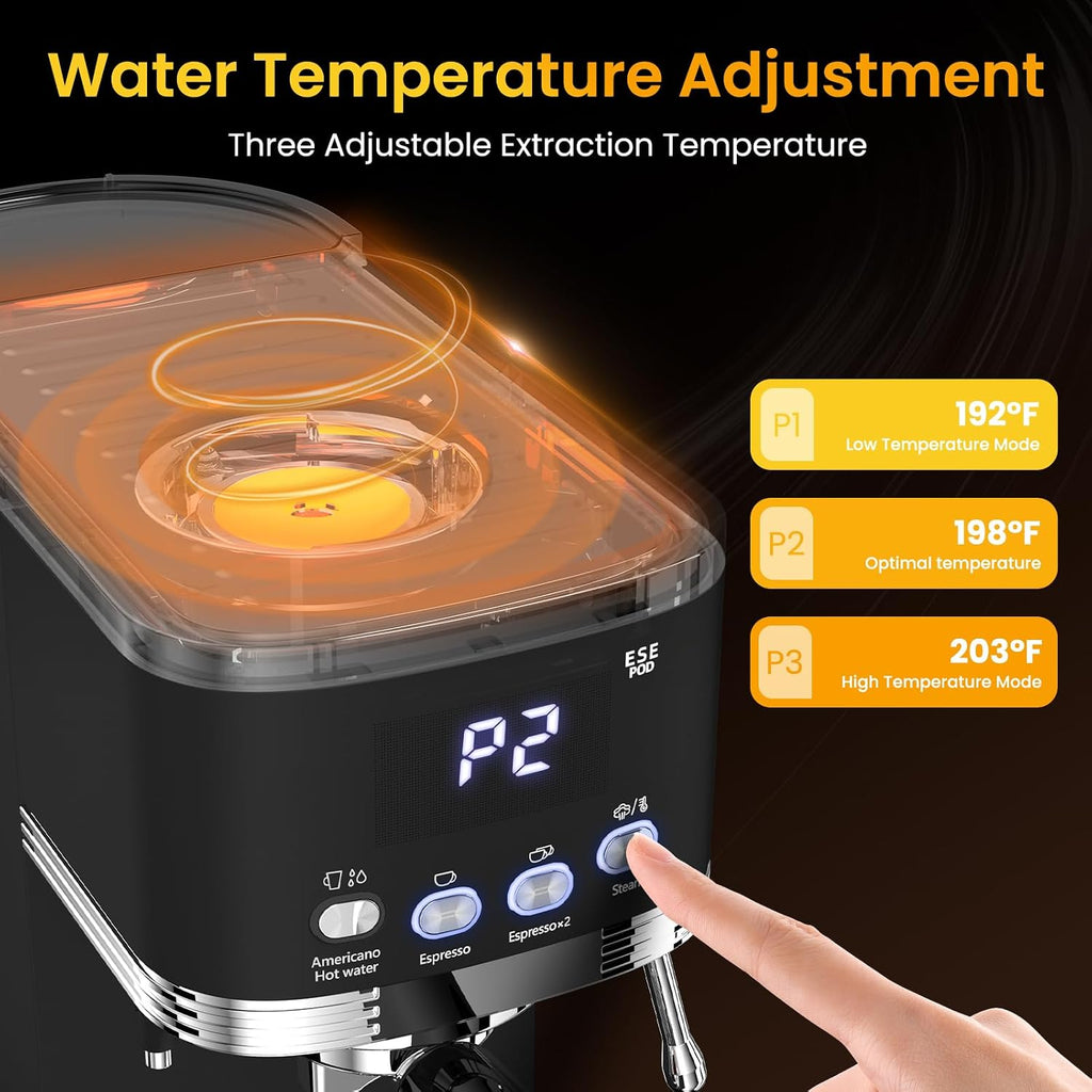 Espresso Machine 20 Bar Temperature Time LED Display Espresso Maker with Adjustable Extraction Temperature Stainless Steel Coffee Machine with Powerful Steam Wand for Cappuccino Latte,Black