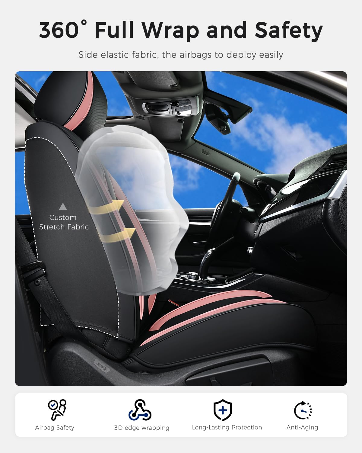 Huidasource Front Seat Cover, Nappa Leather Front Car Seat Covers with Lumbar Support, Ventilation Holes, Elastic Fabric, Airbag, Full-Coverage Seat Cover, Fit for Most Cars SUV Trucks, Black＆ Pink