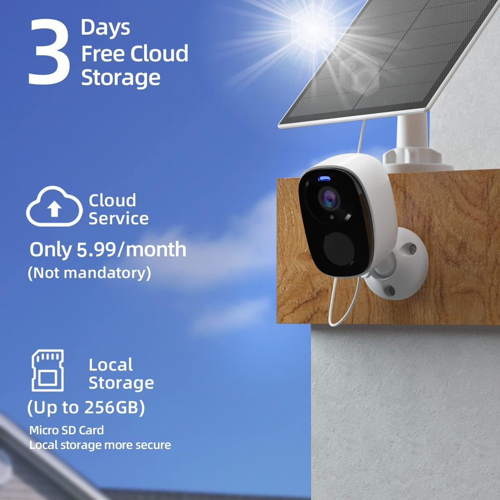 EVERSECU 2K 3MP Solar-Powered Wireless Security Camera Support Pairing Via Bluetooth, Outdoor WiFi Home CCTV Bullet Camera, Spotlight, PIR Motion Detection, 2-Way Audio, Compatible with Alexa(4pack)