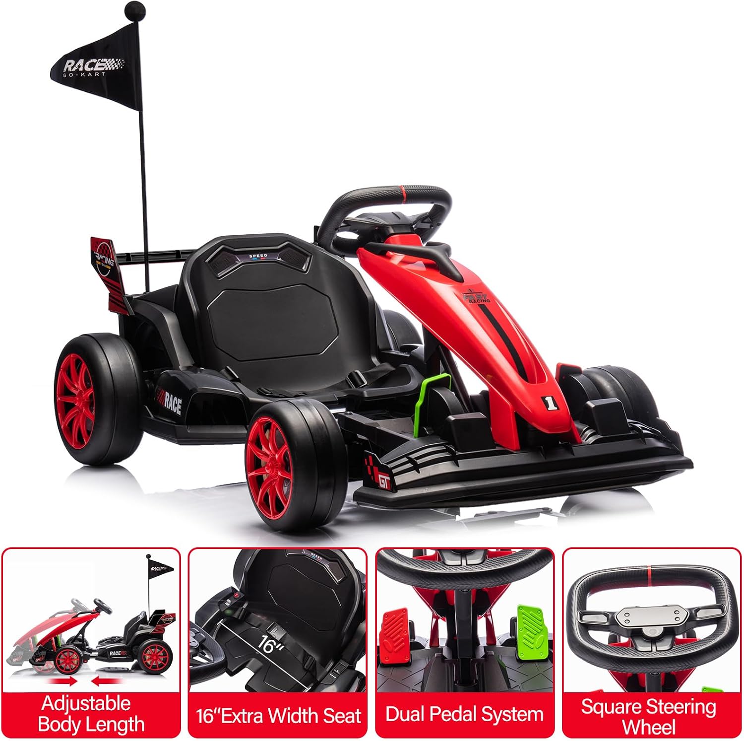 GarveeLife 24V Kids Ride on Go Kart, 7.5 mph Variable High Speed Drifting Car, 7ah Battery 200W*2 Motors,Adjustable Legroom for Kids Grows, Max Load 135 LBS, Power Display Racing Toy for 6+,Red