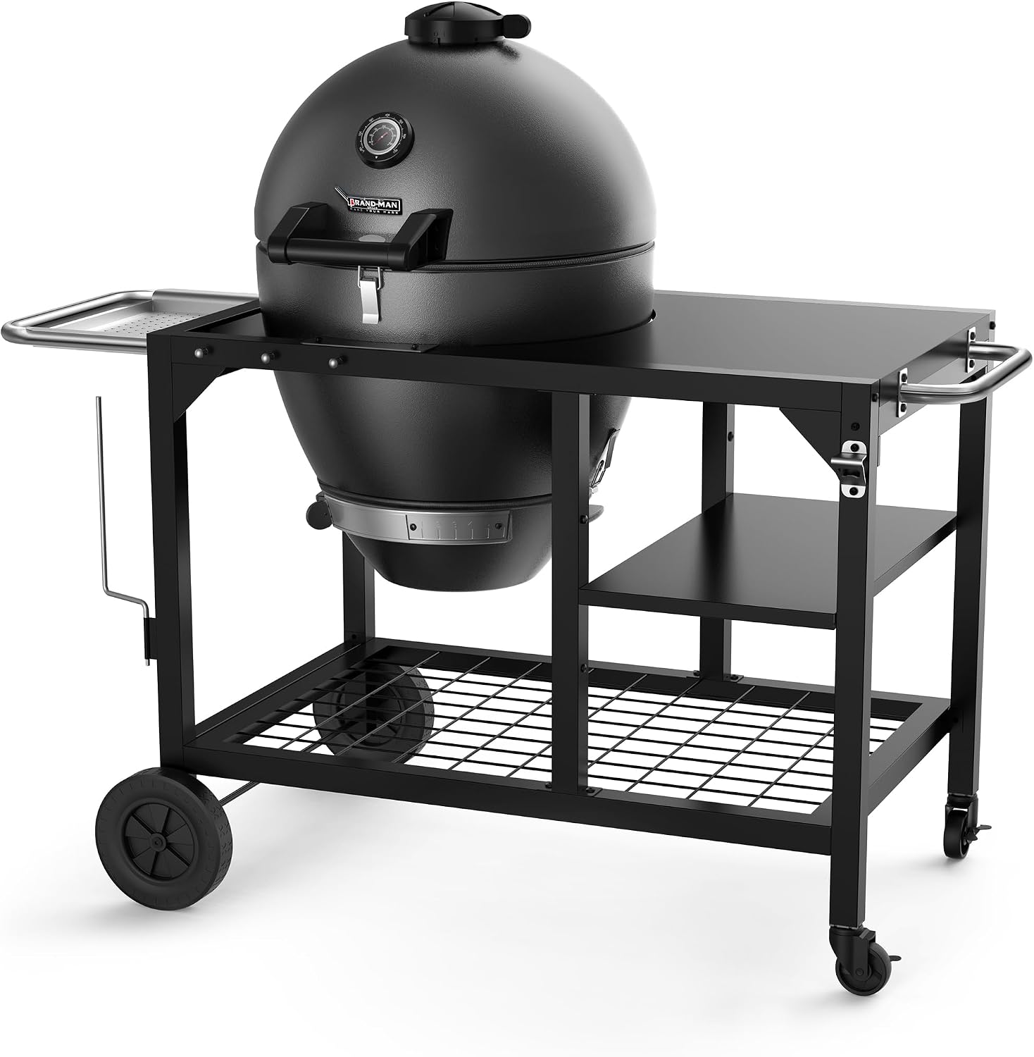 Brand-Man Charcoal Grill & Smoker Steel Kamado - 22' Cast Iron Grates, Grilling Basket, Large Prep Table Cart, Ideal for Outdoor Cooking