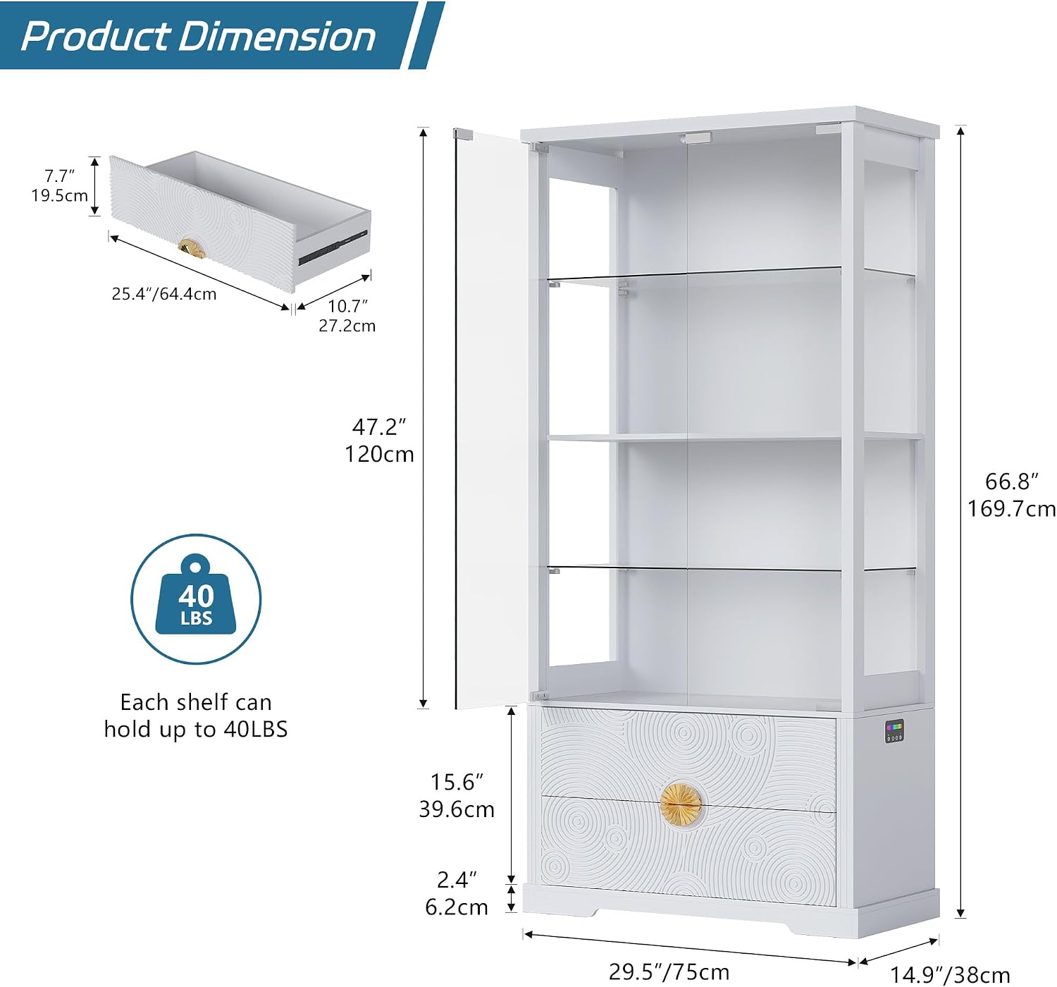 TAGELIER RGB Glass Display Cabinet with Door, 4-Tier Curio Cabinet with 2 Drawers and Adjustable Glass Height Showcase, Display Case with 3 LED Light and Human Body Sensor, White