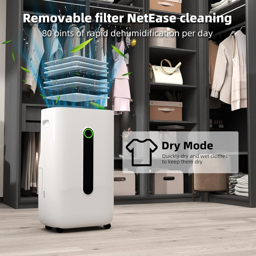 5,000 Sq.Ft 2025 Dehumidifier 80 Pint/Day Dehumidifier for Basement, Bedroom, Home, Bathroom, Smart Compressor Dehumidifier with Drain Hose, Intelligent Humidistat 24H Timer,Child Lock,Defrost,Silent