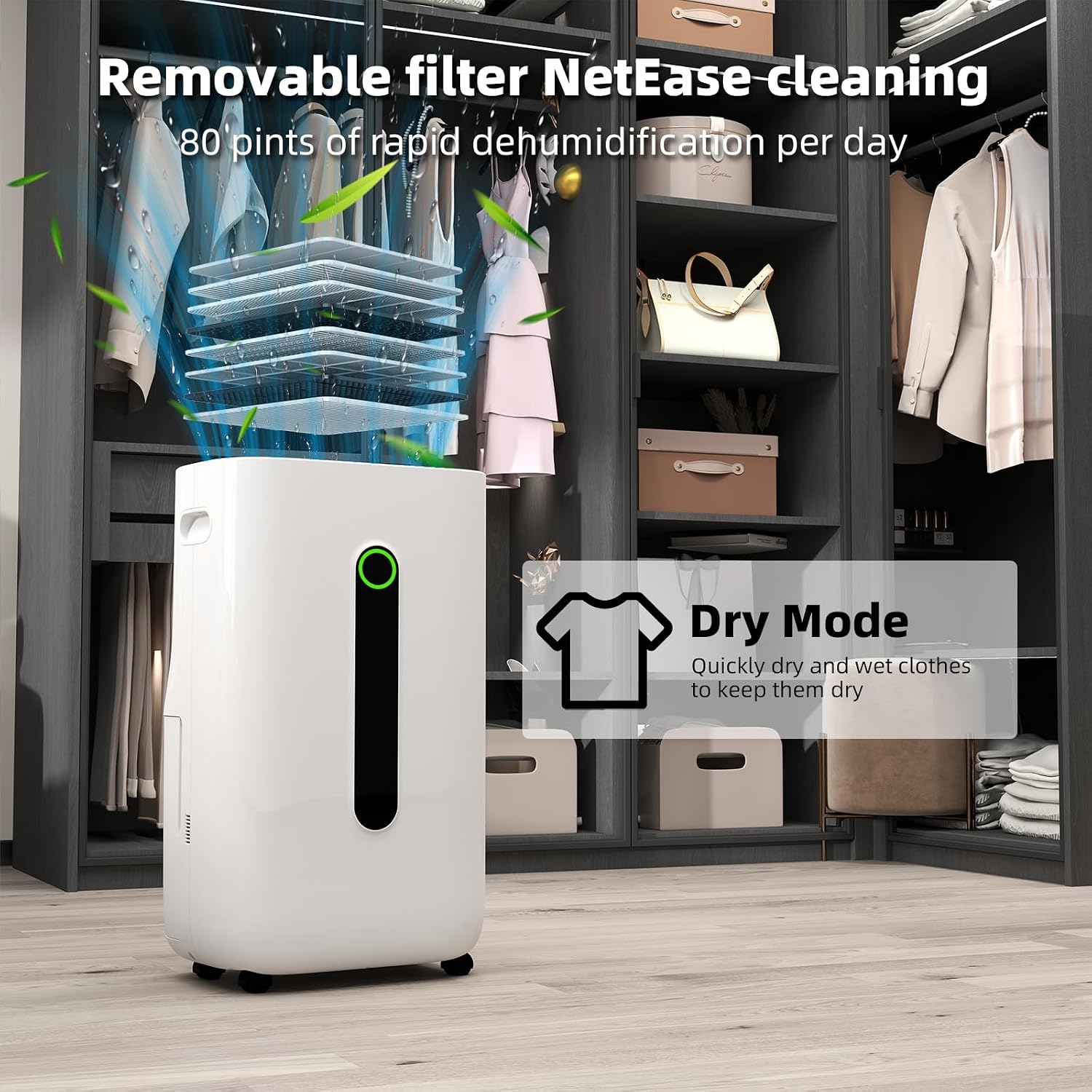 5,000 Sq.Ft 2025 Dehumidifier 80 Pint/Day Dehumidifier for Basement, Bedroom, Home, Bathroom, Smart Compressor Dehumidifier with Drain Hose, Intelligent Humidistat 24H Timer,Child Lock,Defrost,Silent