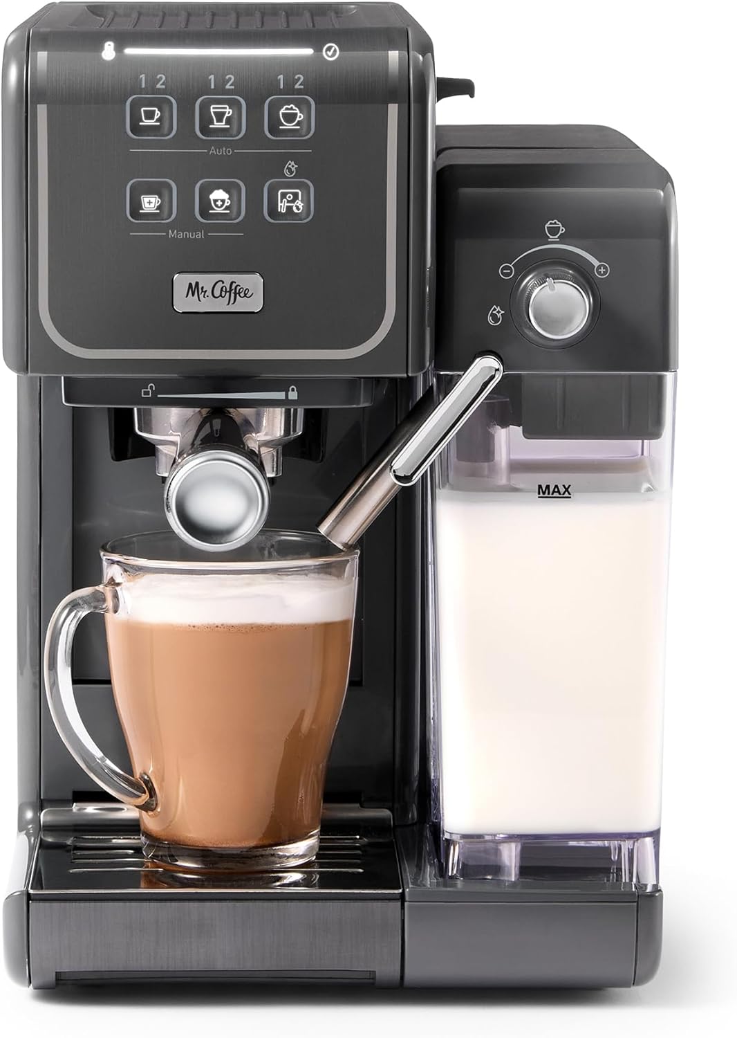 Mr. Coffee One-Touch CoffeeHouse+ Espresso, Cappuccino, and Latte Maker Home Coffee Machine with 19-Bar Italian Pump, and Milk Frother Ideal for Latte, Espresso, and Coffee Lovers