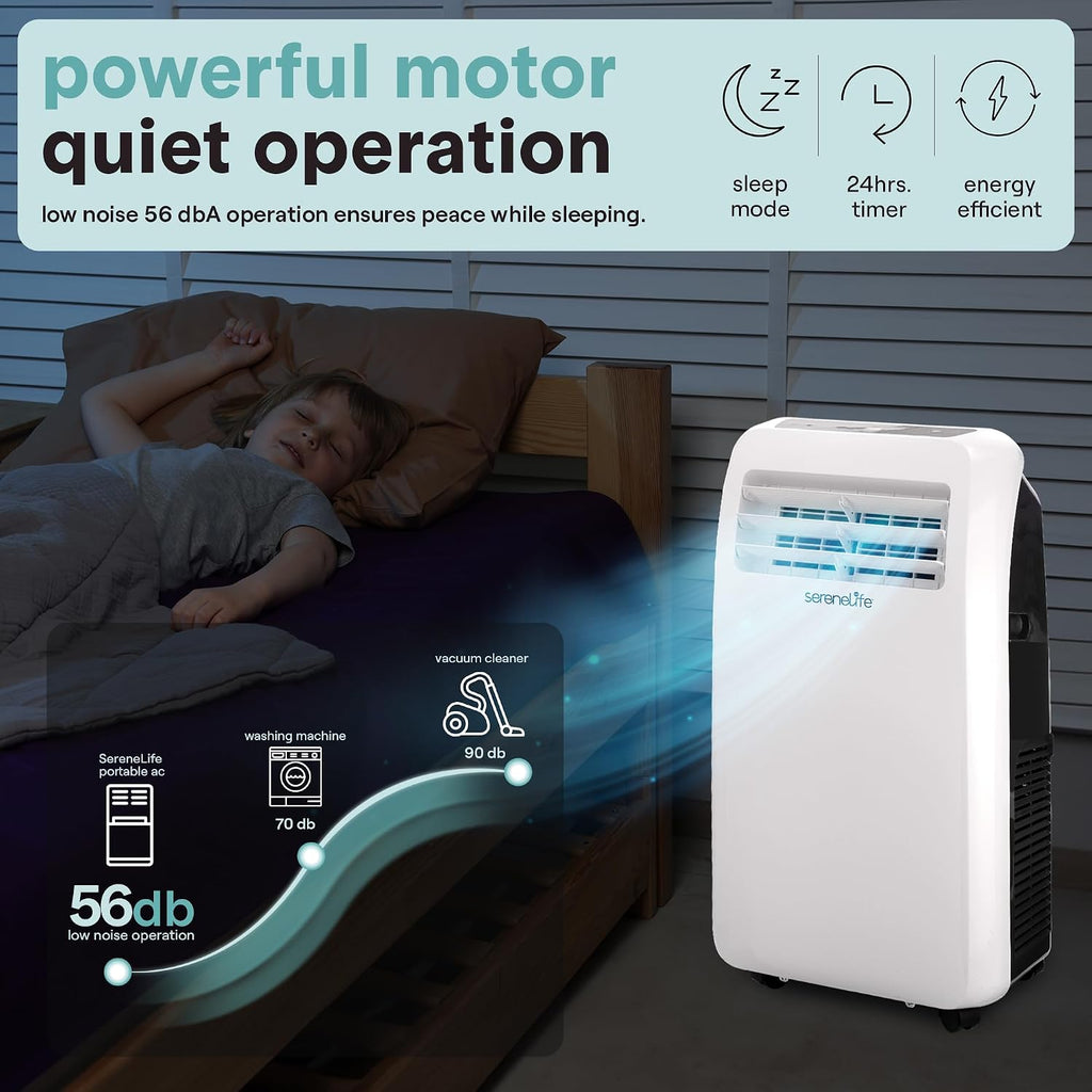 SereneLife Portable Air Conditioner with Heat & Built-in Dehumidifier 10,000 BTU, Portable Heater & AC for Rooms up to 450 Sq Ft - Remote Control & Window Mount Exhaust Kit Included