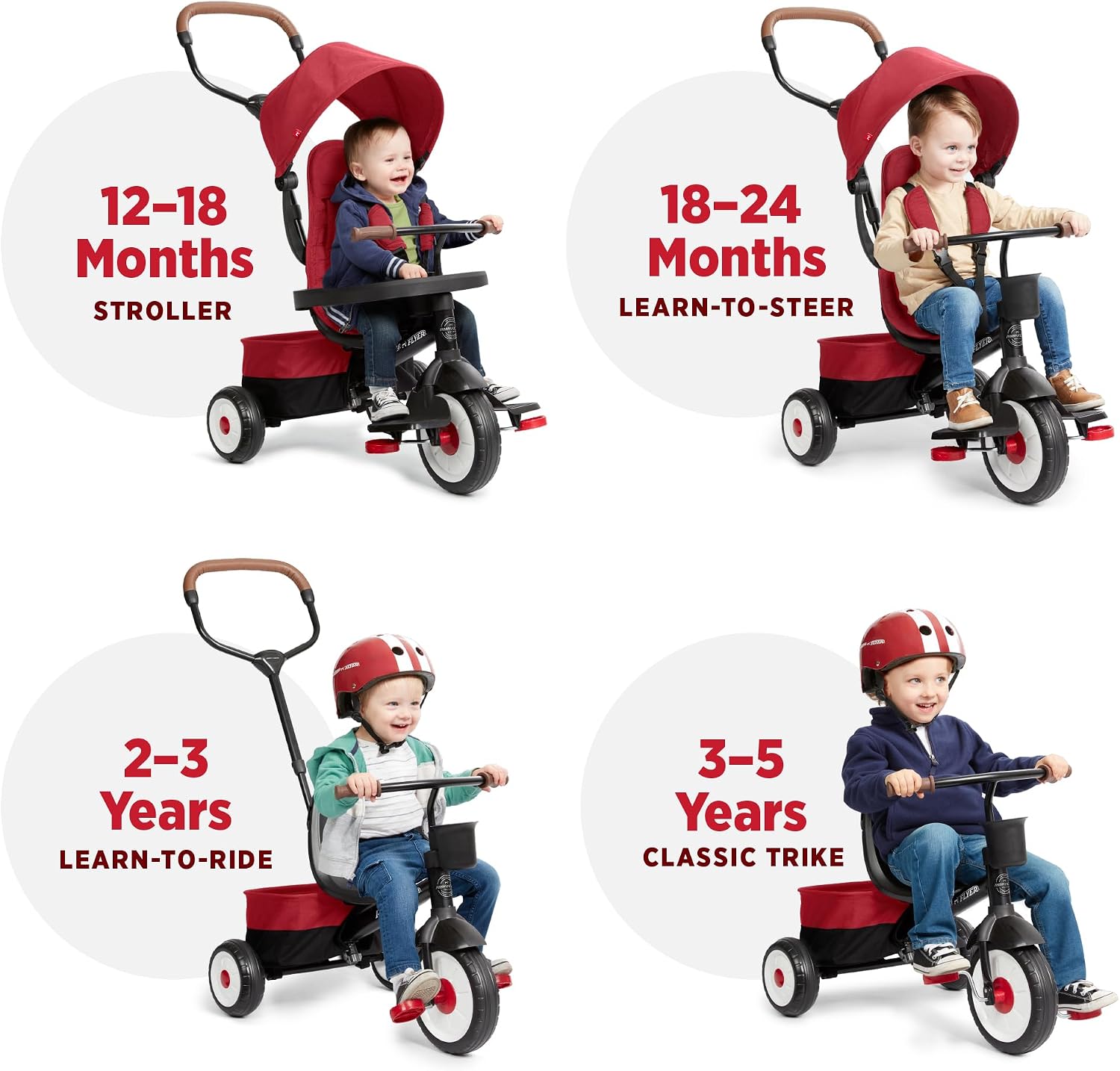Radio Flyer City 4-in-1 Stroll 'N Trike, Red, for Riders 1-5 Years Old, 4 Riding Modes, 3 Point Harness with Comfort Pad, Parent Controlled Steering, Rear Storage, Stroller Tricycle for Toddlers