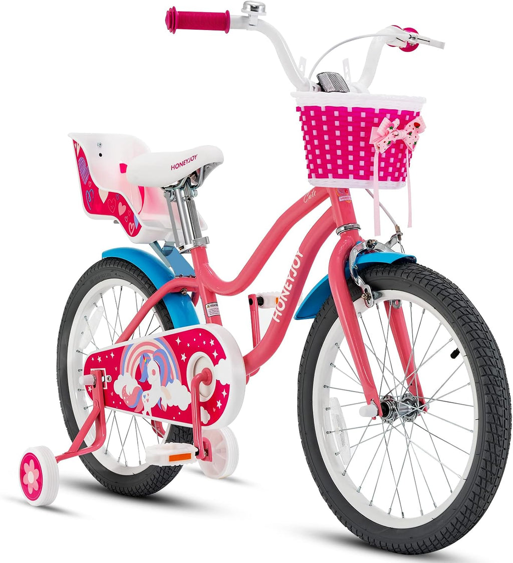 HONEY JOY Kids Bike, 14 16 18 Inch Girls Bike for Toddlers w/Training Wheels, Handbrake & Coaster Brake, Steel Frame, Fully Enclosed Chain, Little Princess Style Children Bicycle, Gift for Girls 3-8