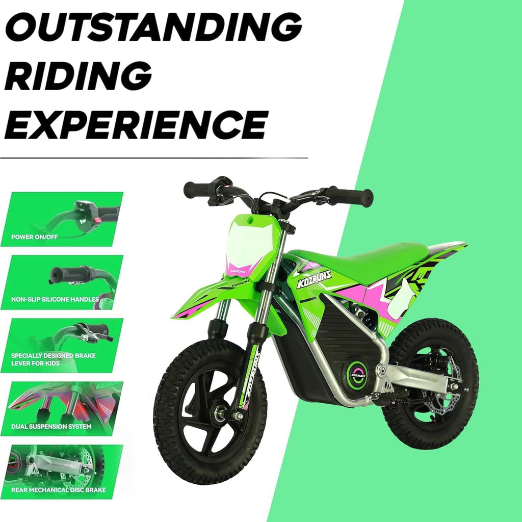 OLALA 36V Electric Dirt Bike for Kids 3-6, 250W Brushless Motor with 3-Speed Control, 15.5 MPH Max Speed, 12' Off-Road Tires Motorcycle, for Boys & Girls, Green