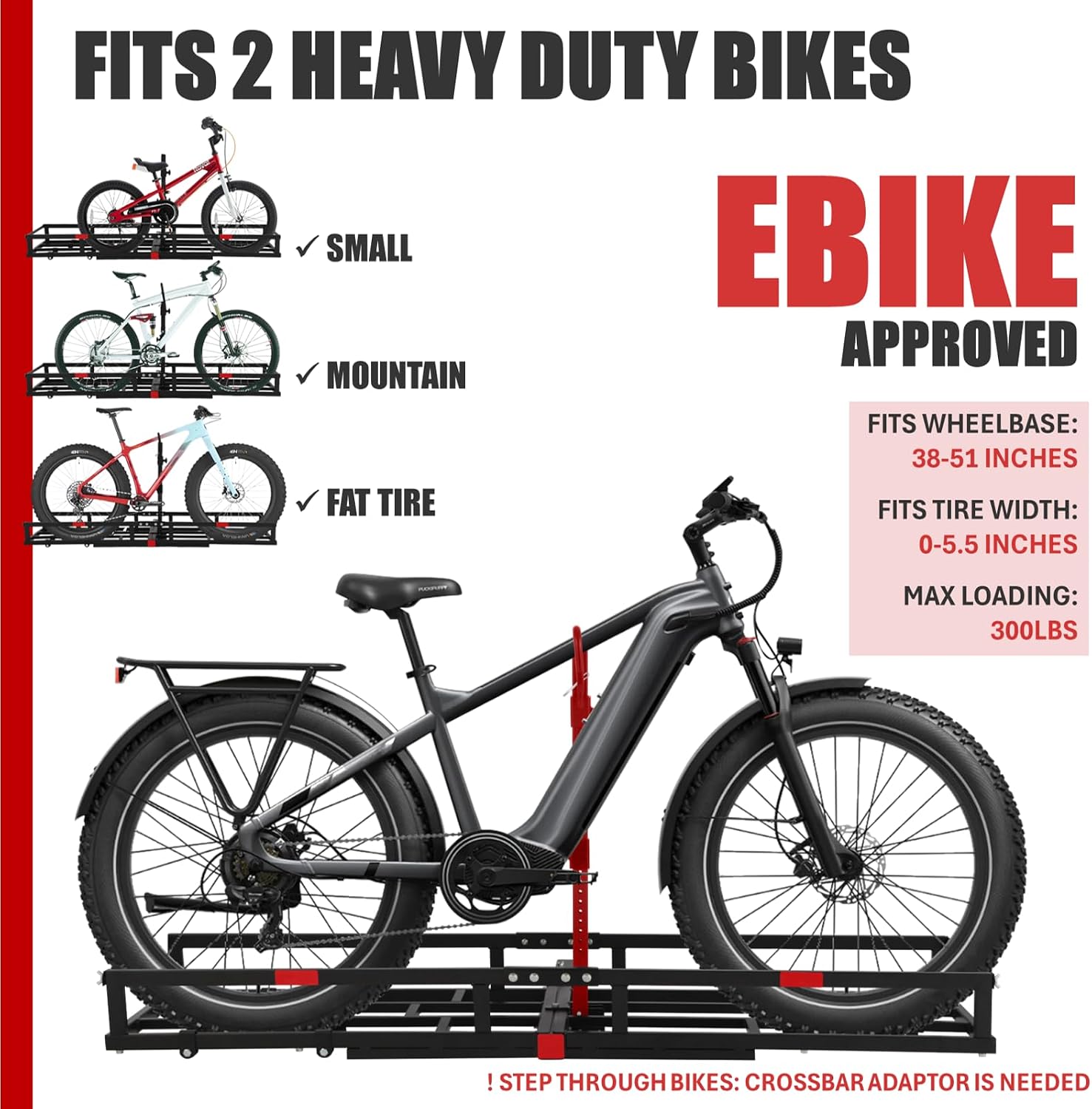 Hitch-Mount Bike Rack for Ebike Heavy-Duty - Fits 2 Electric Fat-Tire Mountain Bicycles Fits 2' Receiver for Car SUV Truck RV Minivan (Red, Comes with Cargo Carrier)