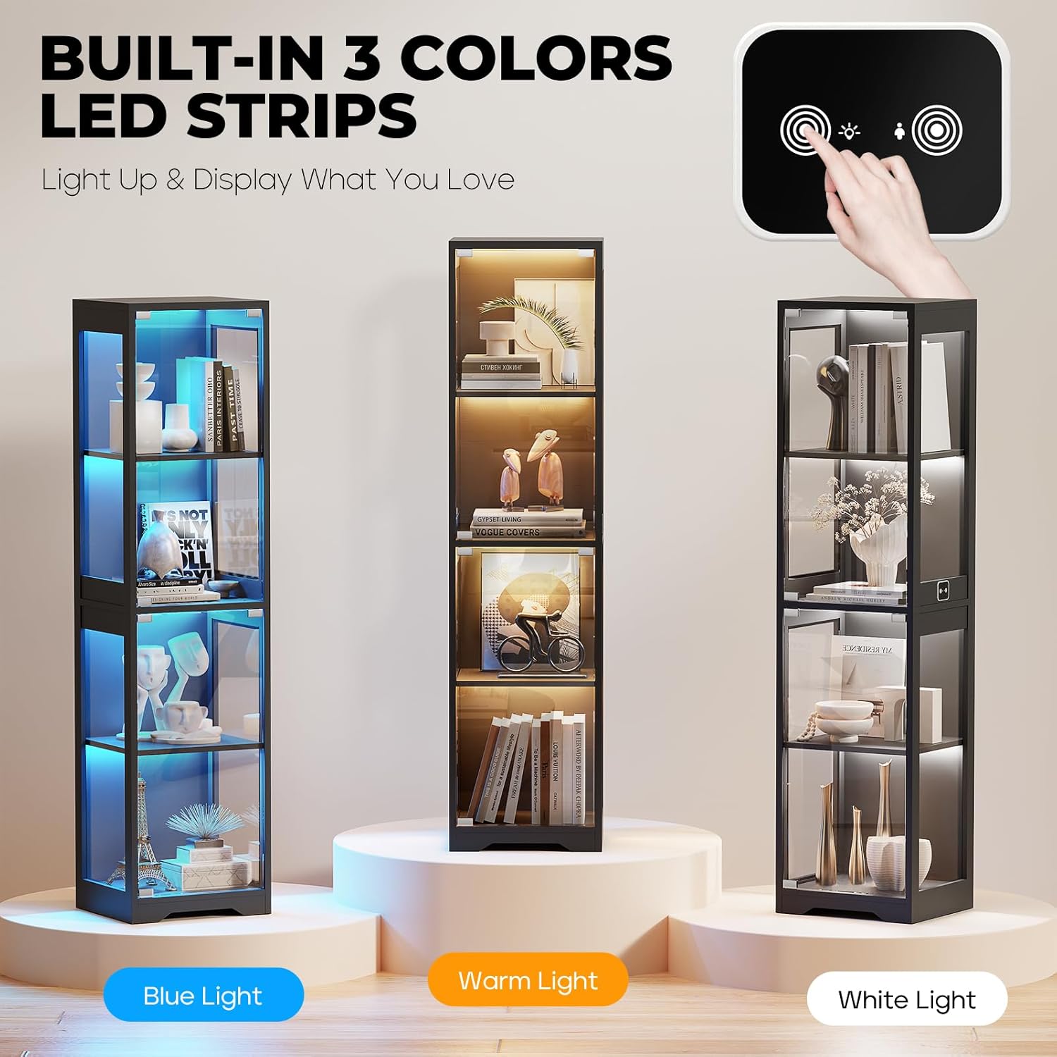 BROTTAR Glass Display Cabinet, 4-Tier Curio Cabinets with 3 Color Lights for Collectibles, Storage Cabinet with Door, Glass Display Case & Bookcase with Human Body Sensor, Black