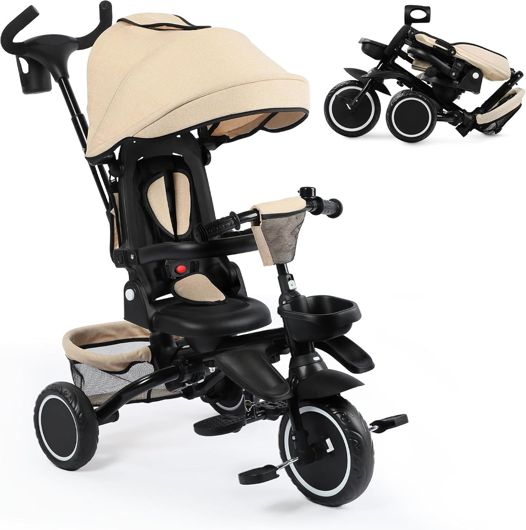TODEFULL Folding Kids Tricycle, 8 in 1 Toddler Trike W/Removable & Adjustable Canopy, Parent Handle, 5-Piont Harness, Toddler Bike Tricycle for Kids 1-6 Years, EVA Wheels, Storage Basket, Khaki