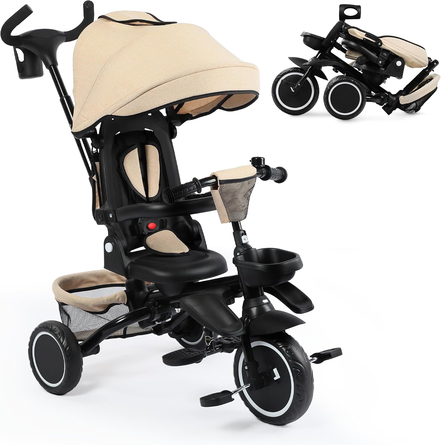 TODEFULL Folding Kids Tricycle, 8 in 1 Toddler Trike W/Removable & Adjustable Canopy, Parent Handle, 5-Piont Harness, Toddler Bike Tricycle for Kids 1-6 Years, EVA Wheels, Storage Basket, Khaki