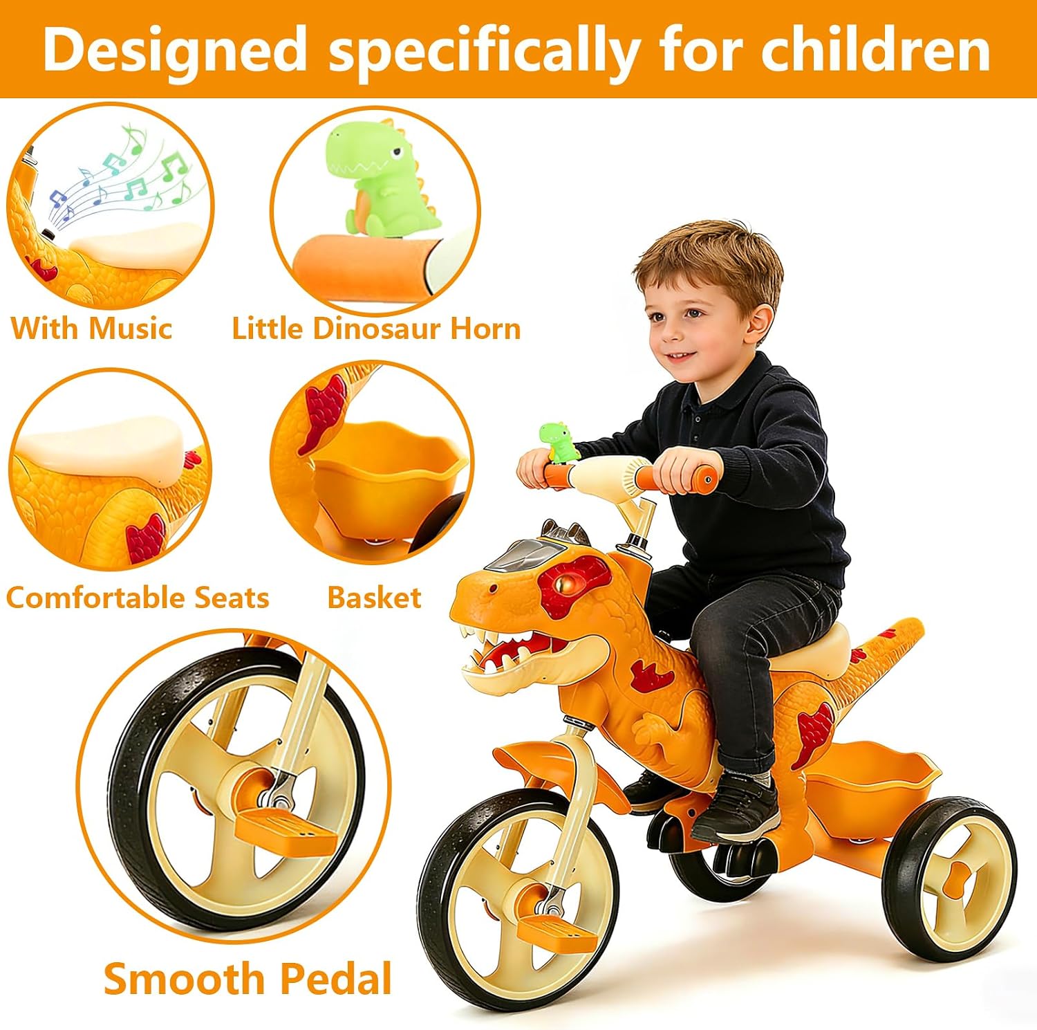 NMM Dinosaur Tricycle for Toddlers, Kids Trike with Music, LED, Tricycles for 3-5 Year Olds, for Rider, Big Wheel, Storage Basket, Horn, Toddler Bike for Boy, Dinosaur Toys for Kids 2-4 4-7
