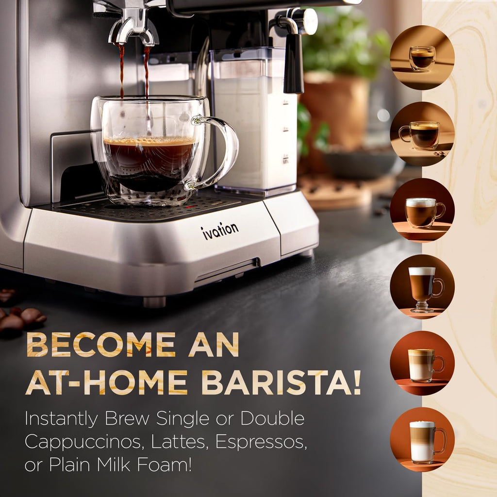 Ivation Espresso & Cappuccino Maker w/Milk Frother | 58mm | Coffee Machine for Home | Single & Double Shots | Espresso, Cappuccino, Latte, & Froth | Auto-Clean & Descale - Detachable Milk Reservoir