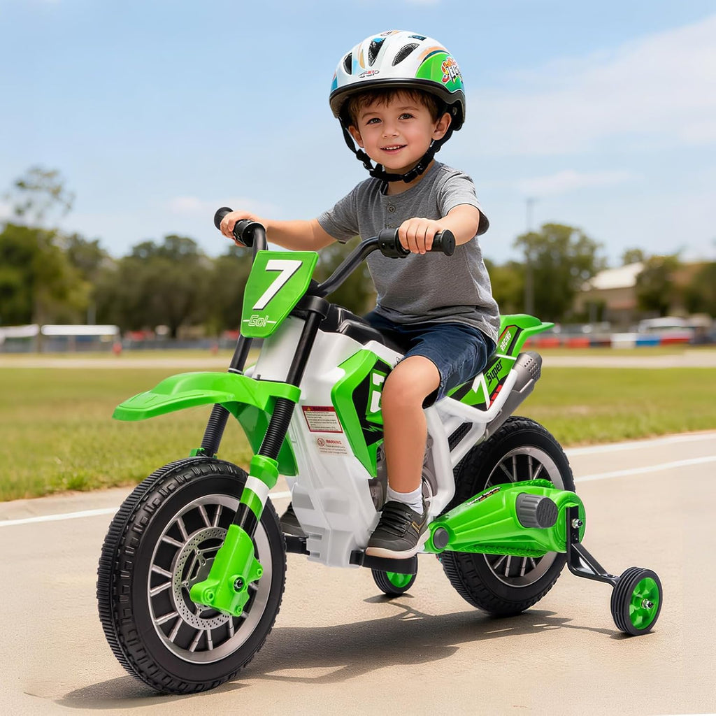 JOYLDIAS Kids Motorcycle Dirt Bike, 12V7AH Battery-Powered Ride On Motorcycle for Kids, Off-Road Street Bike w/Training Wheels, Music, Spring Suspension, High/Low Speeds, Green