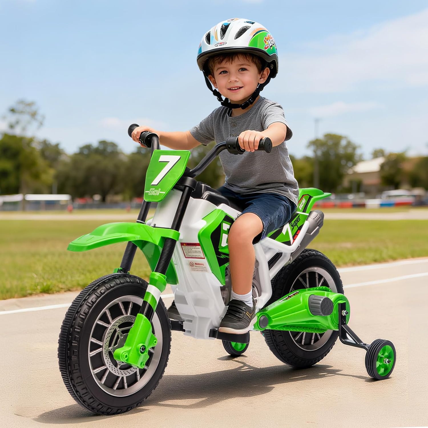 JOYLDIAS Kids Motorcycle Dirt Bike, 12V7AH Battery-Powered Ride On Motorcycle for Kids, Off-Road Street Bike w/Training Wheels, Music, Spring Suspension, High/Low Speeds, Green