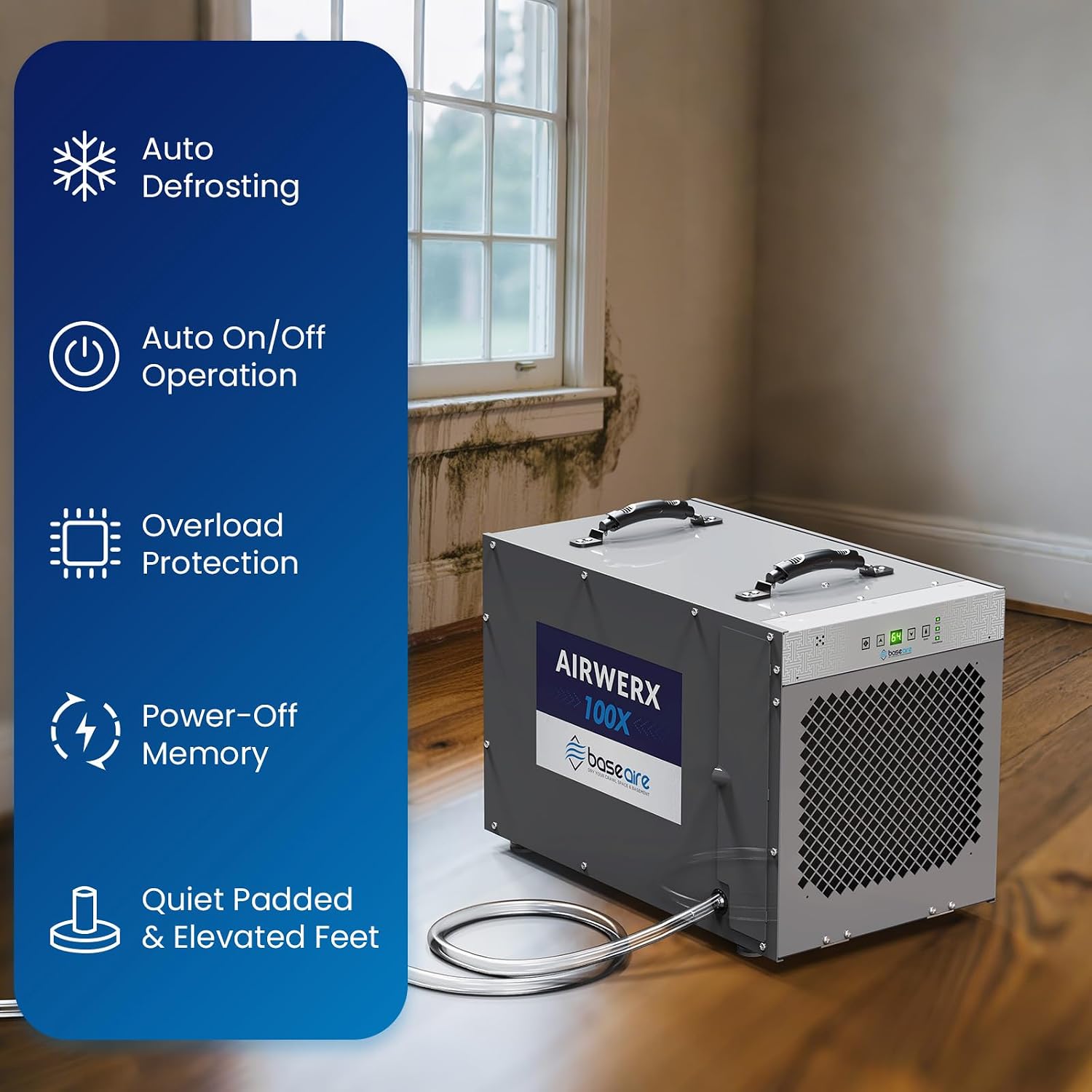 BaseAire 220 Pints Crawlspace Dehumidifiers with Pump and Drain Hose, Commercial Dehumidifier for Home,Garage and Basement, Large Capacity, Compact, Auto Defrost, Intelligent Control, Up to 2900 Sq Ft