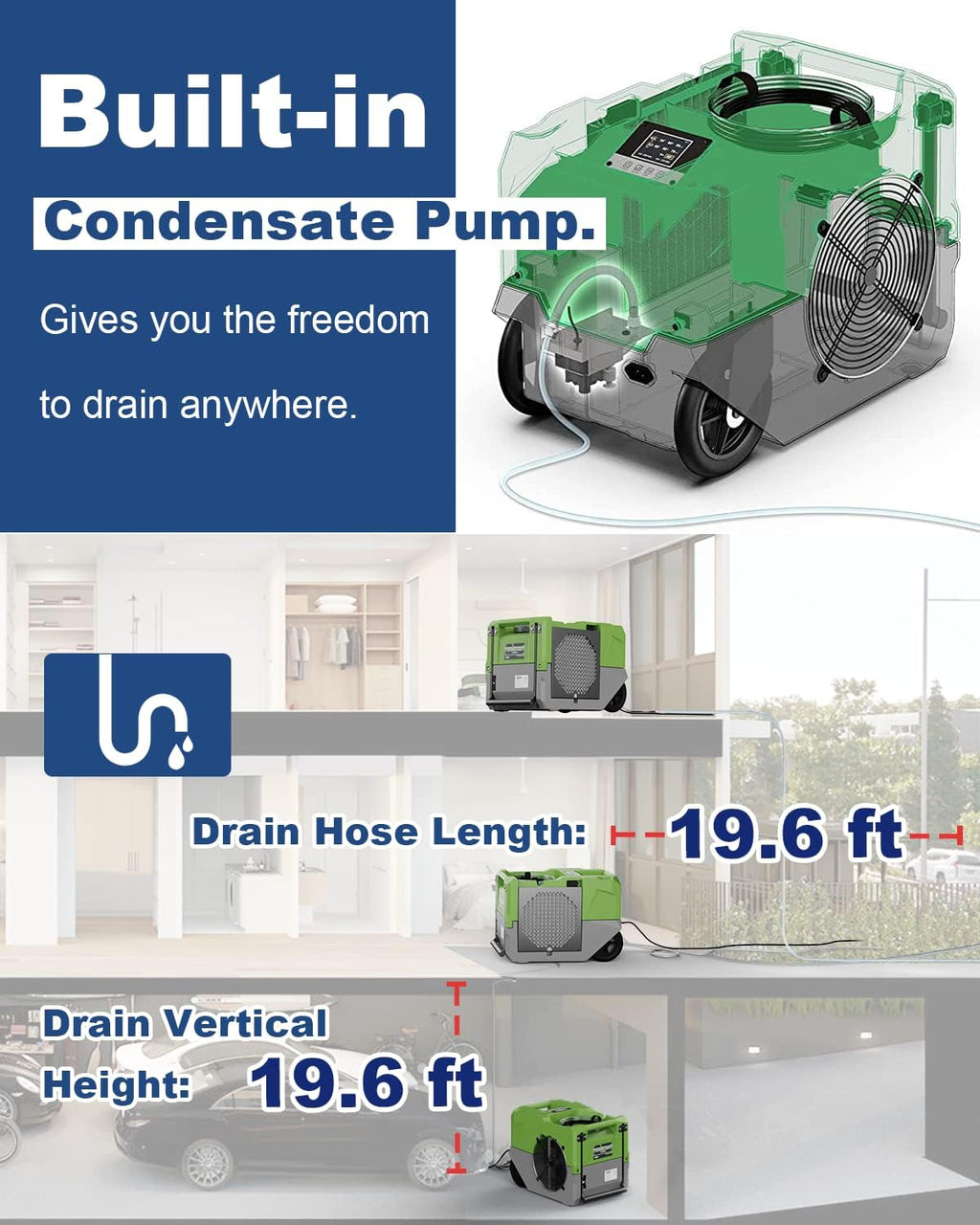 ALORAIR 264 PPD Commercial Dehumidifier with Pump, Industrial Dehumidifier with Pump Up to 3,000 Sq.Ft, Compact, Portable, for Water Damage Restoration, Basement, Crawl Space, Green