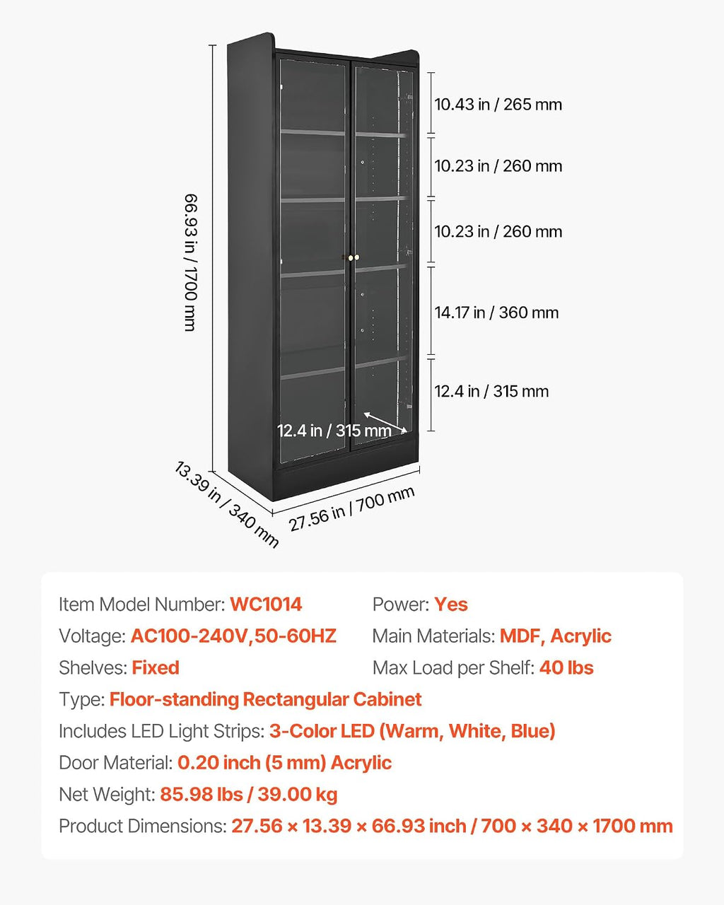 VEVOR Display Cabinet with Doors, 67in Tall Display Case with 2 Adjustable Shelves, 3 LED Lights, 5-Tier Curio Collectibles Storage Cabinet, Bookshelf Bookcase for Pantry Bedroom Living Room Office
