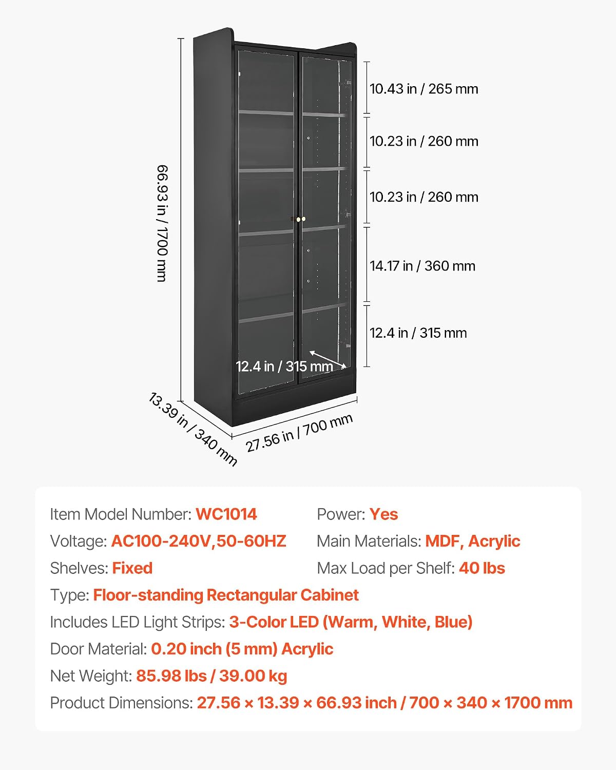 VEVOR Display Cabinet with Doors, 67in Tall Display Case with 2 Adjustable Shelves, 3 LED Lights, 5-Tier Curio Collectibles Storage Cabinet, Bookshelf Bookcase for Pantry Bedroom Living Room Office