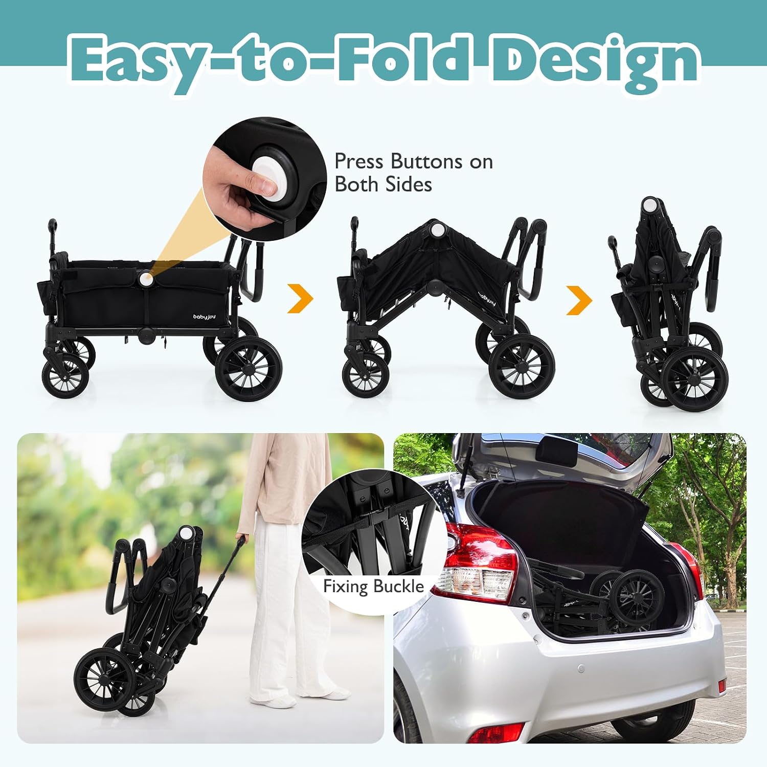 BABY JOY Wagon Stroller for 2 Kids, Collapsible Push Pull Double Stroller Wagon with Adjustable Handle Bar, Removable Canopy, Safety Harness, Cup Holder, Snack Tray & Storage Bag (Black)