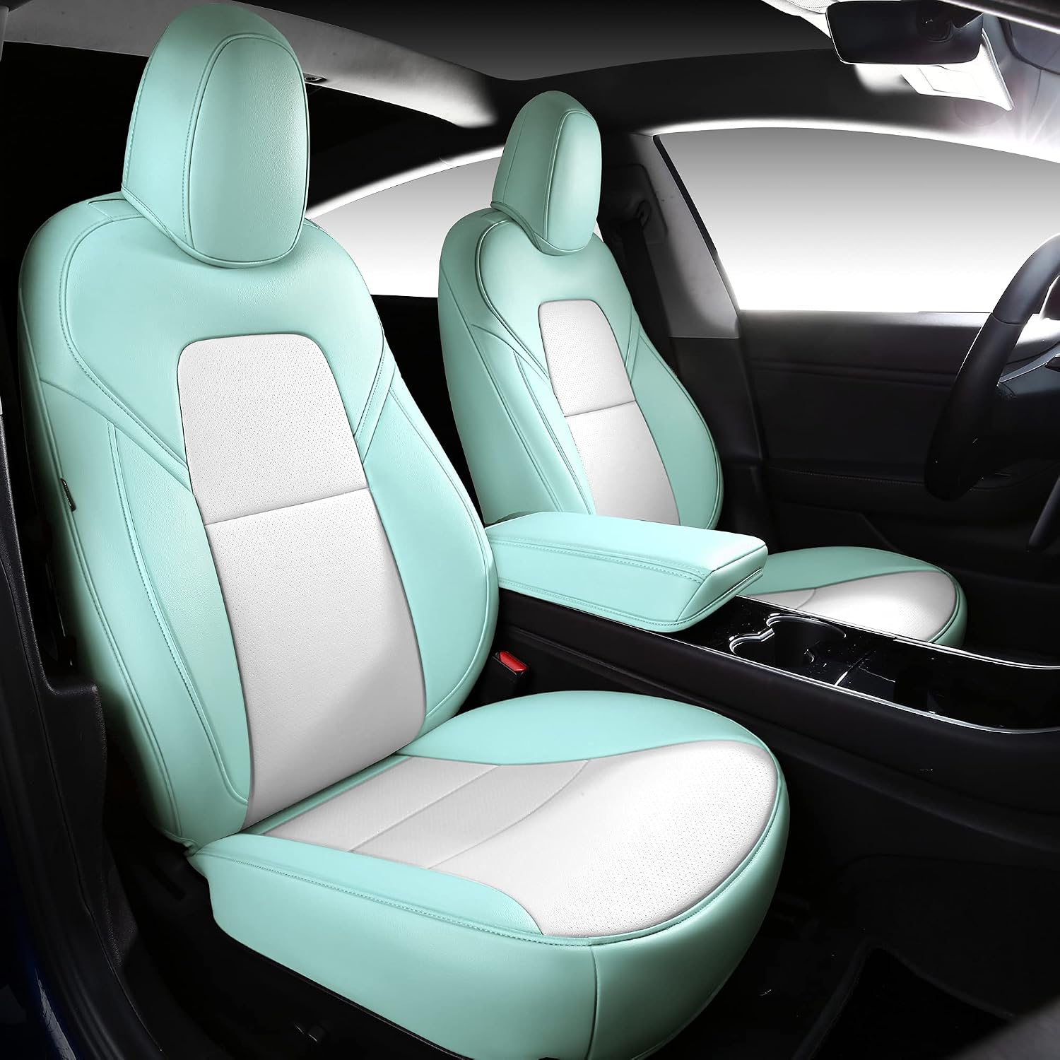 Seat Cover Custom Fit for Tesla Model 3 Synthetic Leather Car Seat Cushion Protector for 2017 2018 2019 2020 2021 2022 2023 Customized (Lichi Eggshell Blue Model 3)