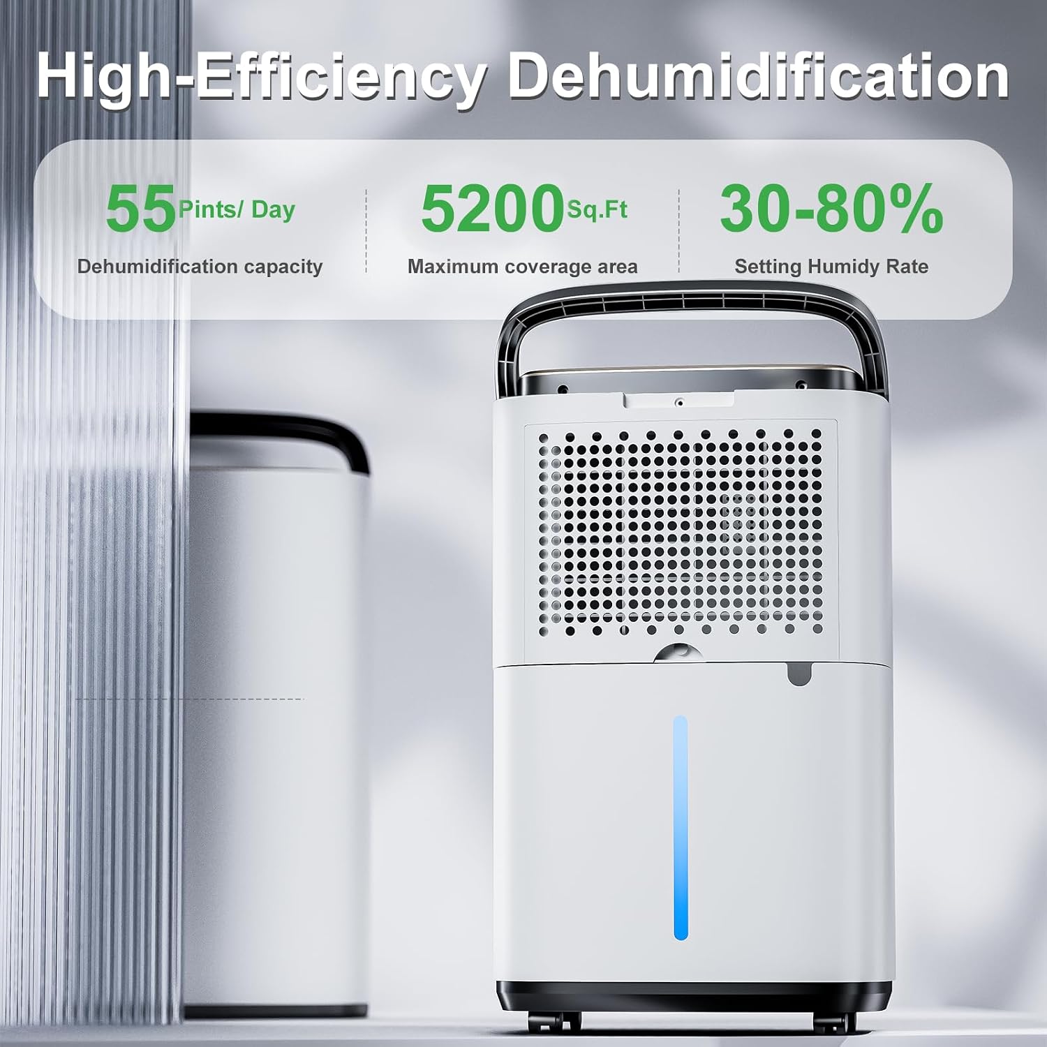 55 Pint Portable Dehumidifier with Drain Hose for Basements, 5,200 Sq. Ft. Dehumidifiers Auto Drain or Manual Drainage, Quiet Dehumidifier for Home with 6L Water Tank