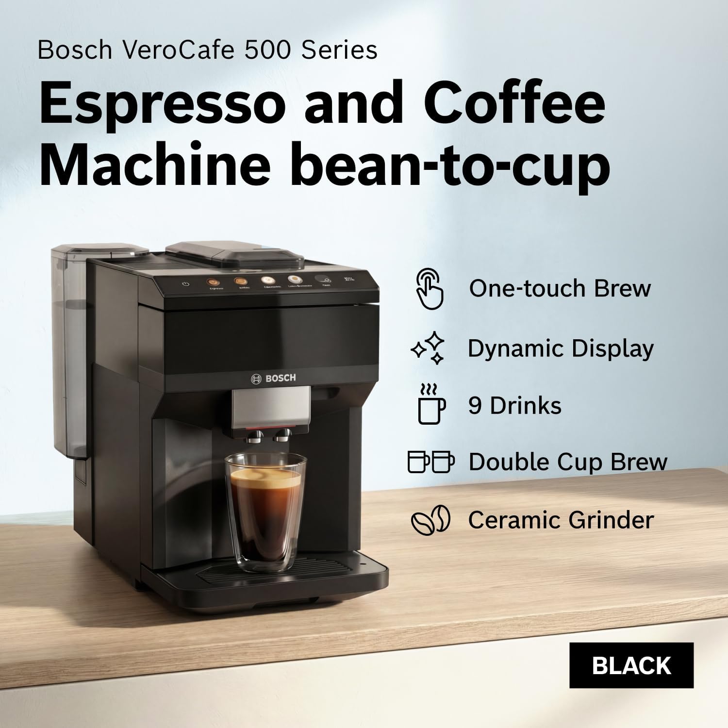 Bosch Fully Automatic Coffee and Espresso Machine - 9 Drinks, Barista Quality, Double Cup Super Coffee Maker - Programmable Machine, Large Bean Capacity - Easy Clean, Maintenance - Black - TPU40109
