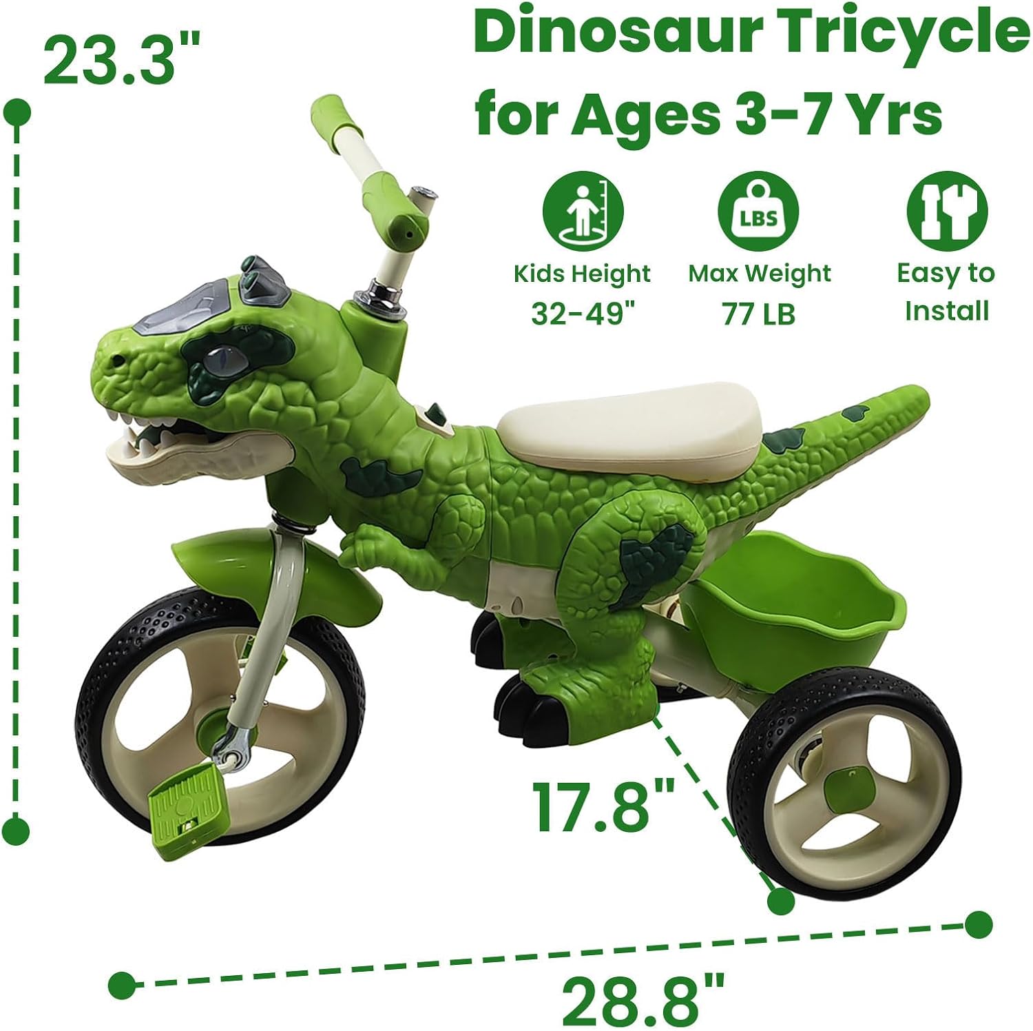 Dinosaur Kids Tricycle for Ages 3-7 Years, Kids Trike Bike Big Wheel with Rubber Wheels, Storage Basket and Music Light, Indoor Outdoor Preschool Kids Bike, Gift for Ages 3-7 Girls & Boys