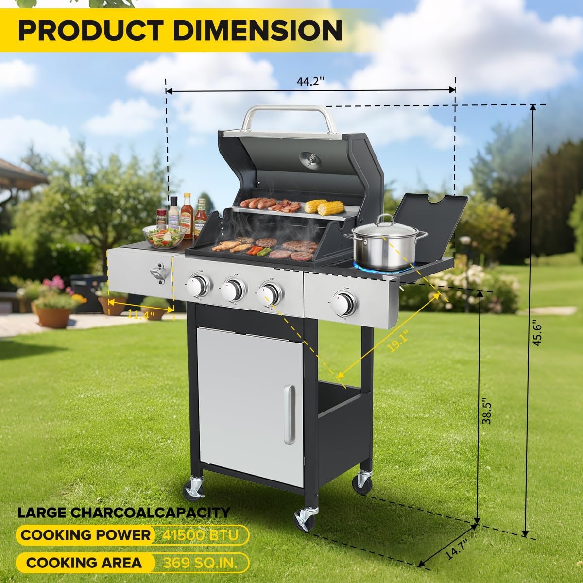 CIG GARDEN 3-Burner Propane Gas Grill With Side Burner, Double-layer Stainless Steel BBQ Grill with Lid Cast Iron Grates, 41,500 BTU Output Perfect for Outdoor Cooking, Backyard, Camping, BBQ Grill