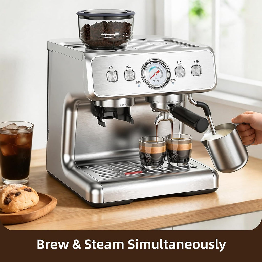 Electactic 15 Bar Espresso Machine with Grinder & Milk Frother, 58mm Expresso Coffee machines, Stainless Steel Coffee Maker for Cappuccino and Latte, Perfect for Home and Café Use-Dual Boiler
