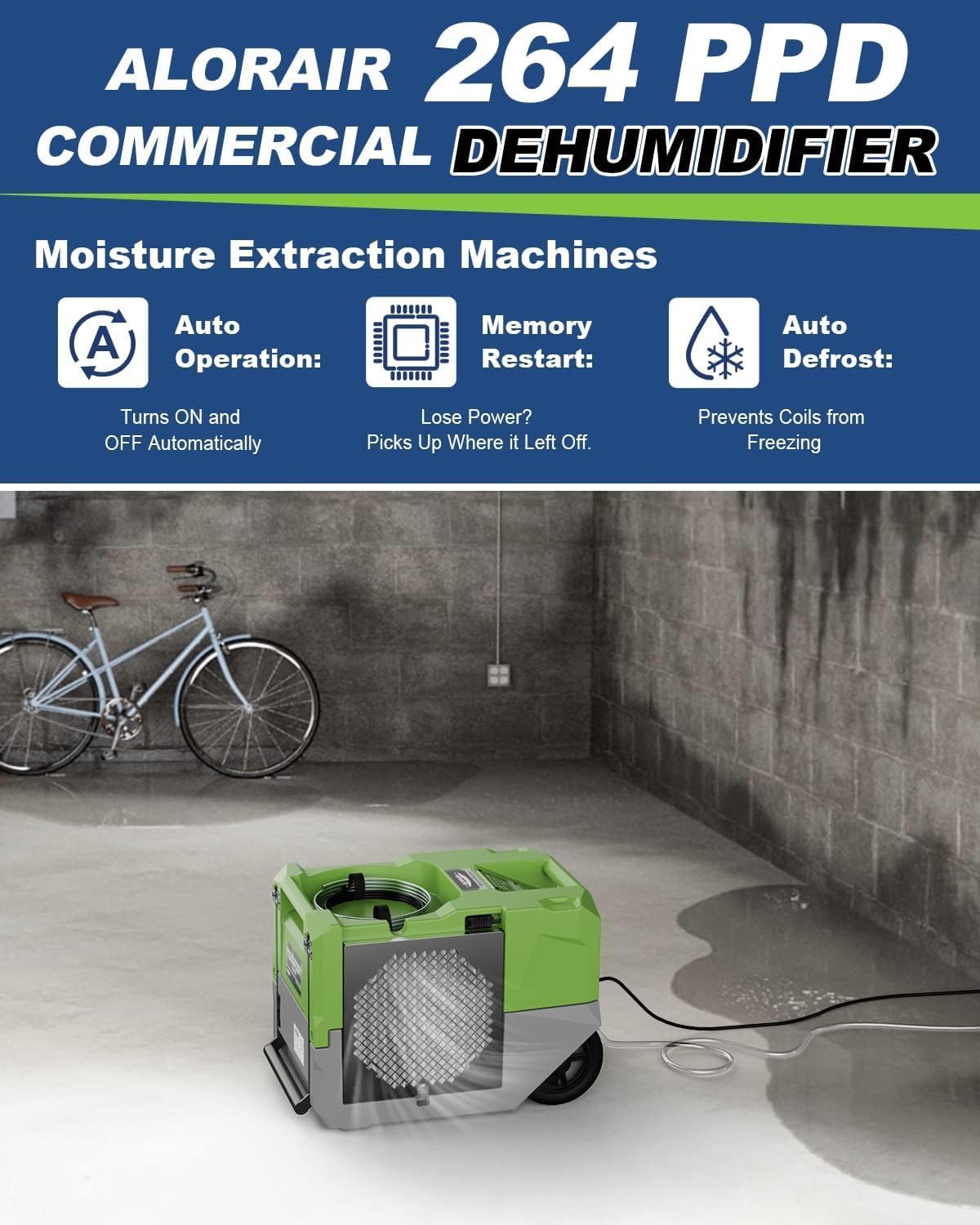 ALORAIR 264 PPD LGR Commercial Dehumidifier with Pump, Up to 3,000 Sq.Ft Industrial Dehumidifier, Portable, for Water Damage Restoration, Basement, Crawl Space, 6 Years Limited Warranty, Green