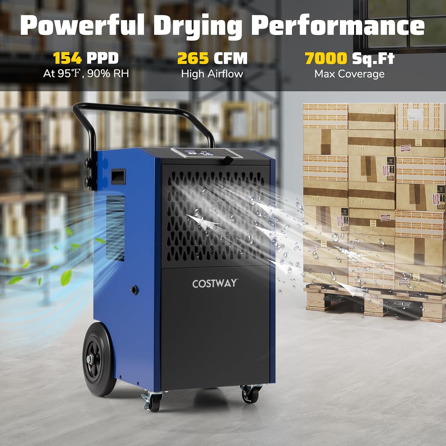 COSTWAY 154 Pints Commercial Dehumidifier with Pump, Portable Industrial Heavy Duty Large Dehumidifier with Drain Hoses for Basements, Job Sites (Blue, 16' x 16' x 31.5')