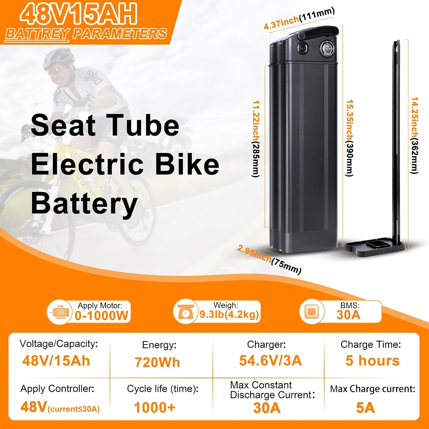 48V E-Bike Battery, Silver Fish Lithium Batteries 30A BMS, Safe Lock, Led Indicator Light for Controller 0W-1000W Electric Bike Bicycles Motor (48V 15AH 0-1000W)